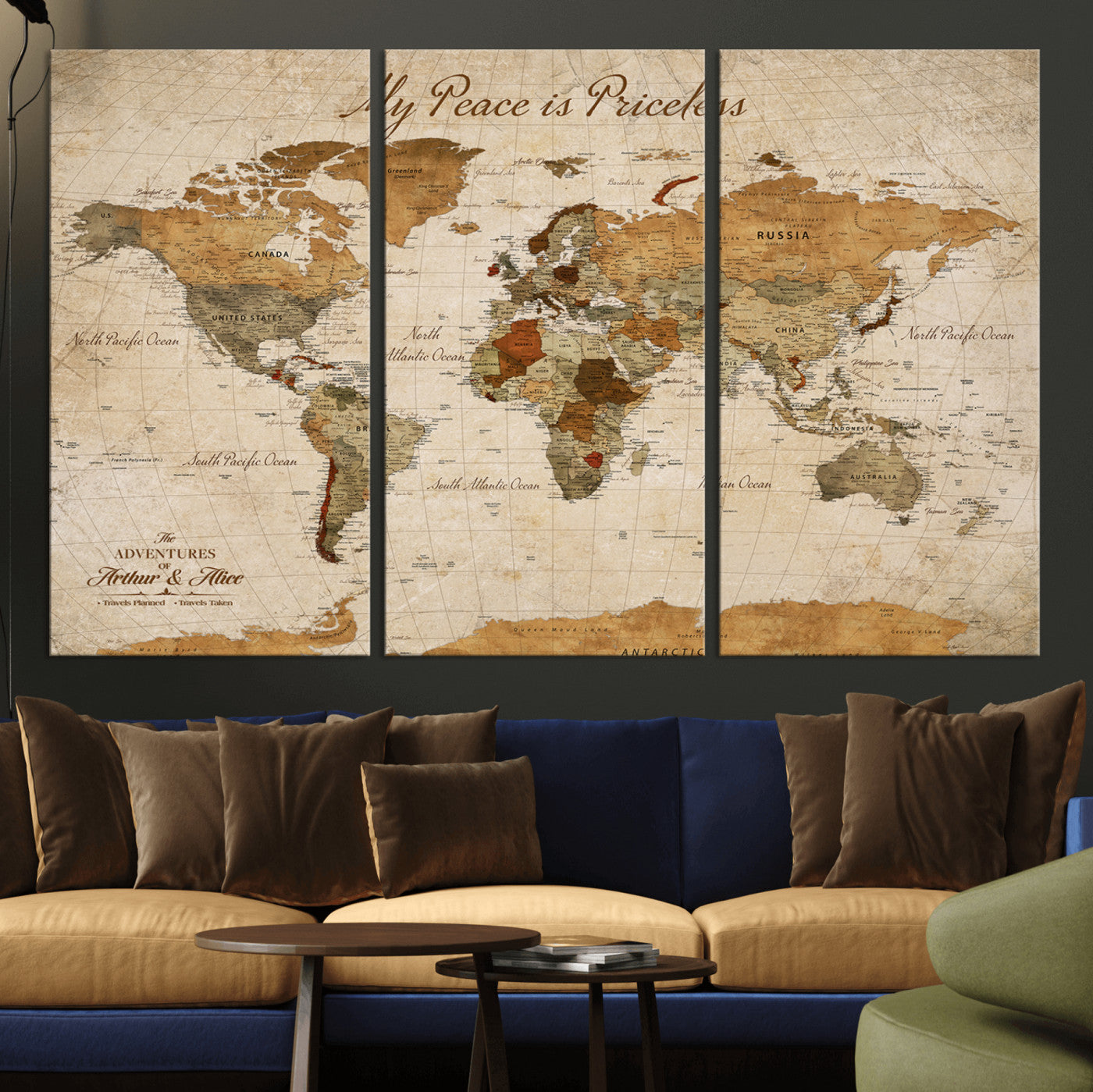 -Framed Push Pin World Travel Map – Canvas Wall Art for Tracking Adventures, Decorative Vintage Style Map with Pins for Home or Office - H1