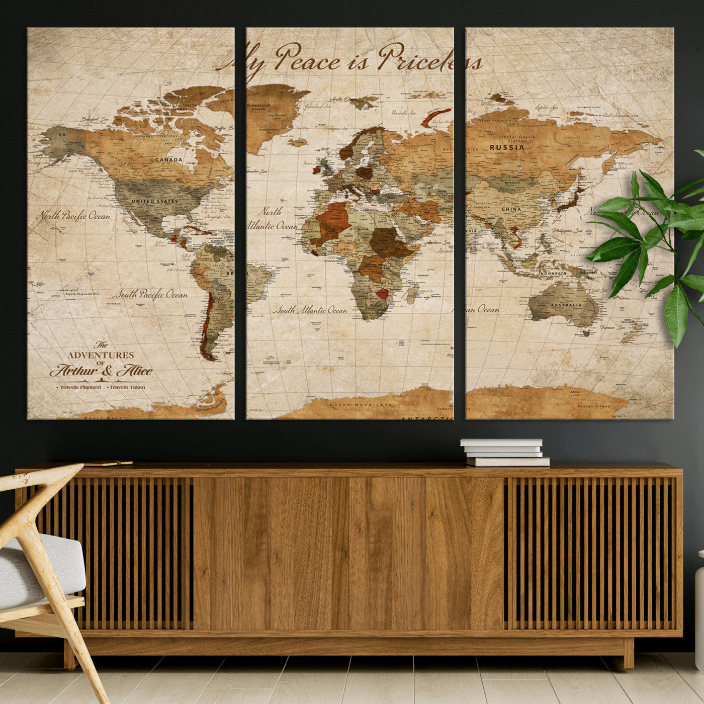 -Framed Push Pin World Travel Map – Canvas Wall Art for Tracking Adventures, Decorative Vintage Style Map with Pins for Home or Office - H1