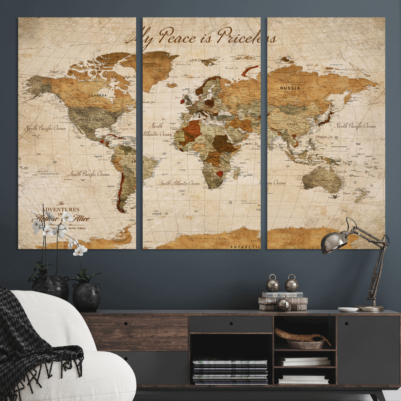 -Framed Push Pin World Travel Map – Canvas Wall Art for Tracking Adventures, Decorative Vintage Style Map with Pins for Home or Office - H1