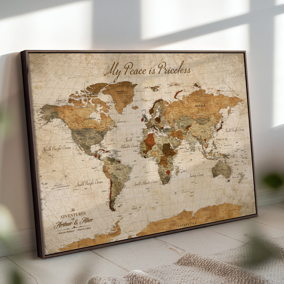 -Framed Push Pin World Travel Map – Canvas Wall Art for Tracking Adventures, Decorative Vintage Style Map with Pins for Home or Office - H1
