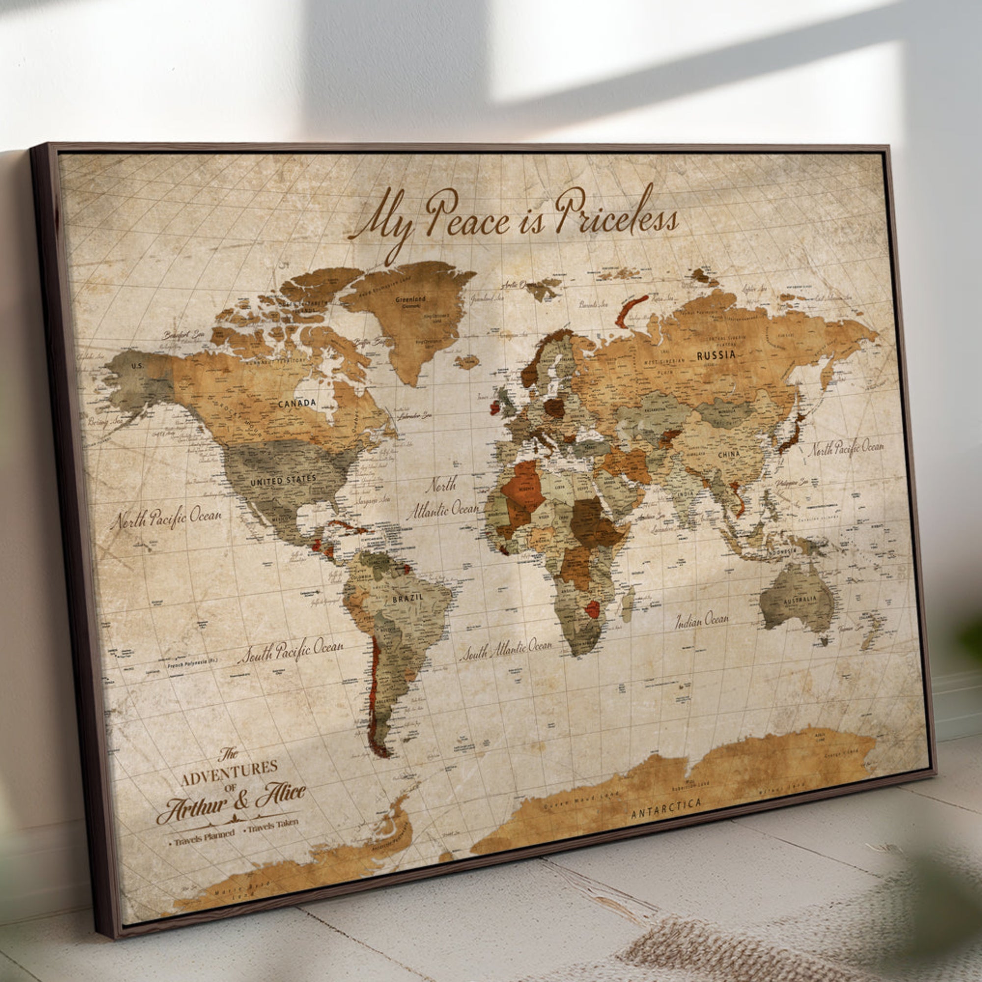 Rehber01-MGV-CV-36X24-Personalized Push Pin World Map Canvas – Custom Framed Travel Tracker Wall Art, Large Adventure Map with Pins for Home, Office