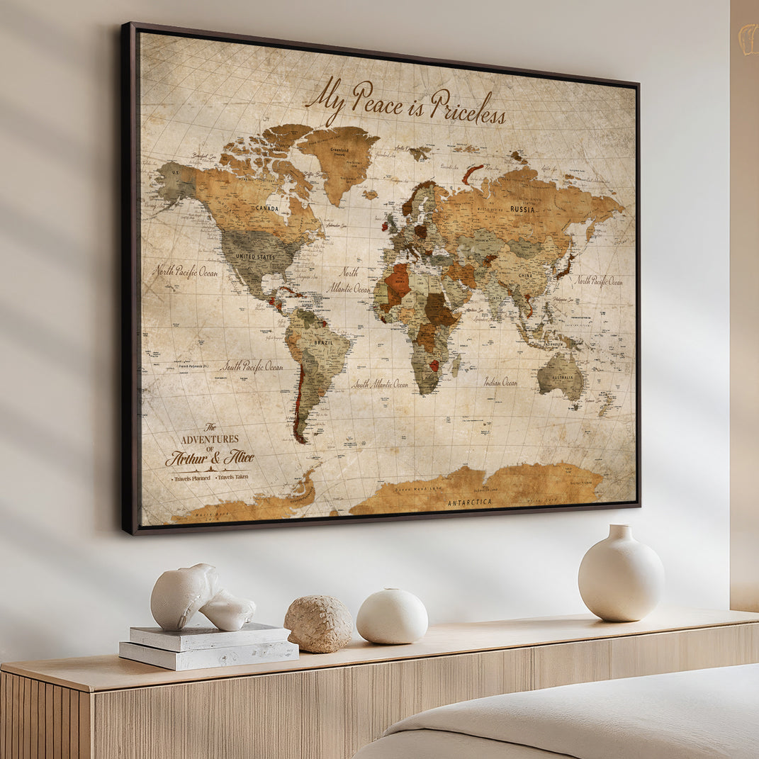 -Framed Push Pin World Travel Map – Canvas Wall Art for Tracking Adventures, Decorative Vintage Style Map with Pins for Home or Office - H1