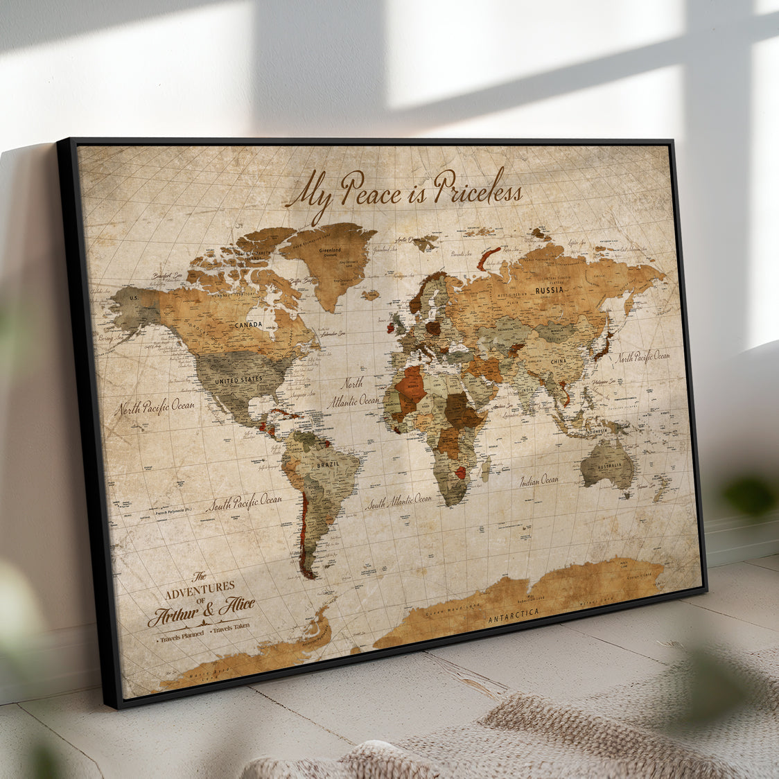 -Framed Push Pin World Travel Map – Canvas Wall Art for Tracking Adventures, Decorative Vintage Style Map with Pins for Home or Office - H1