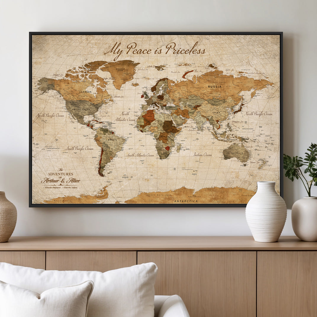 -Framed Push Pin World Travel Map – Canvas Wall Art for Tracking Adventures, Decorative Vintage Style Map with Pins for Home or Office - H1