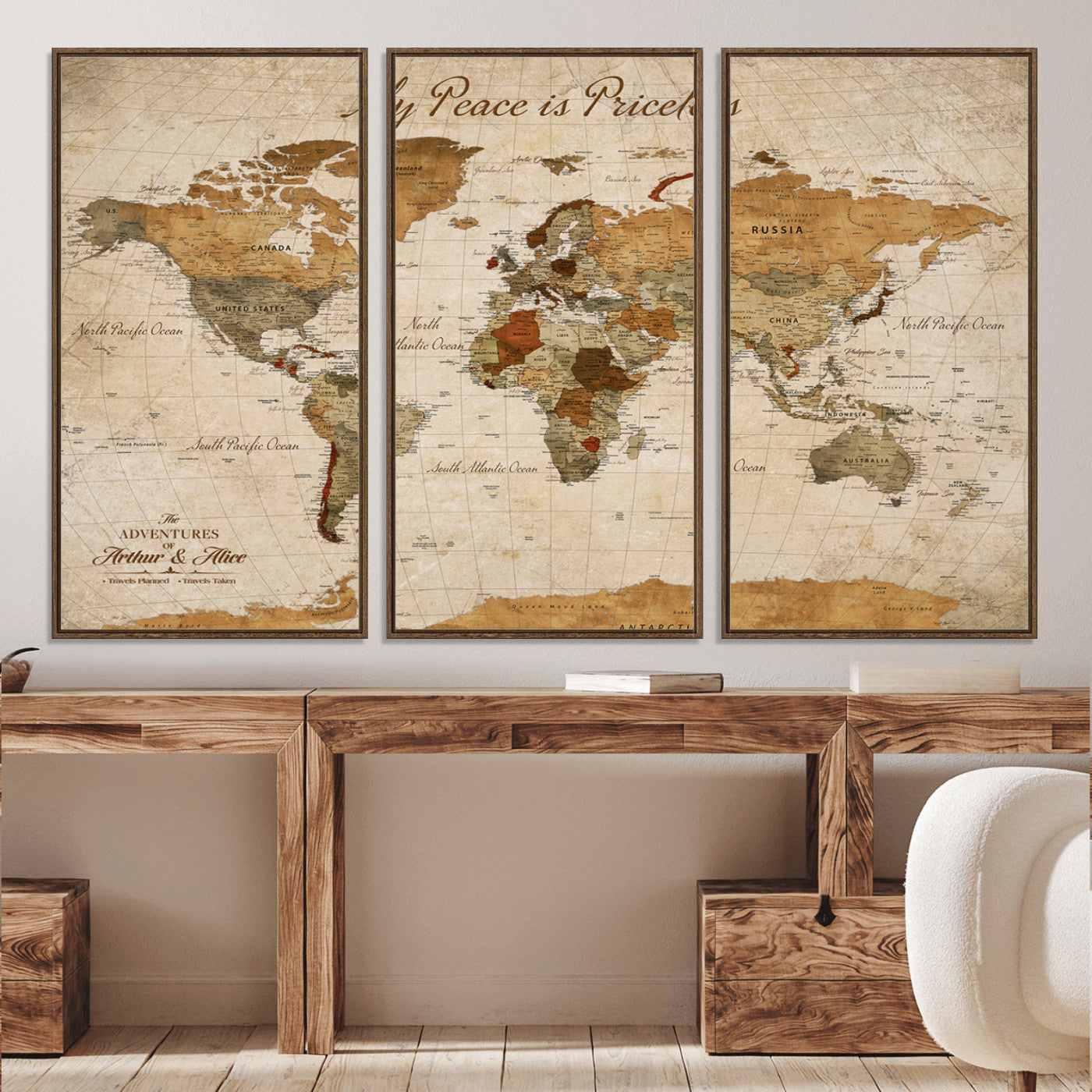 -Framed Push Pin World Travel Map – Canvas Wall Art for Tracking Adventures, Decorative Vintage Style Map with Pins for Home or Office - H1