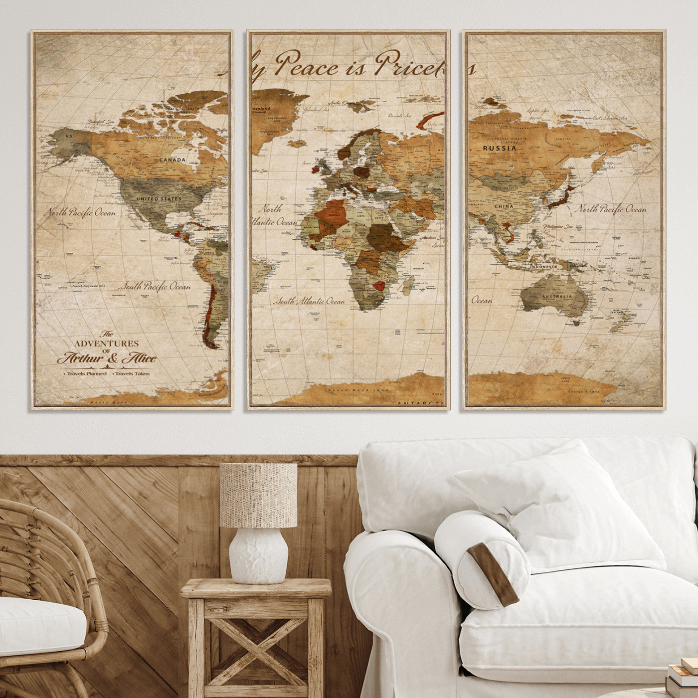 -Framed Push Pin World Travel Map – Canvas Wall Art for Tracking Adventures, Decorative Vintage Style Map with Pins for Home or Office - H1