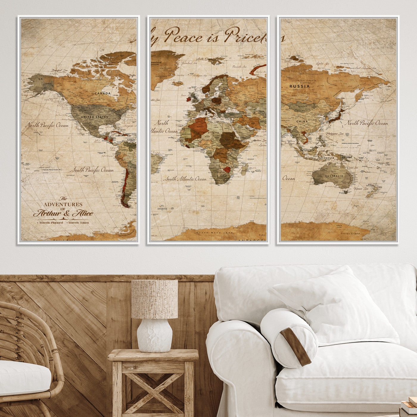 -Framed Push Pin World Travel Map – Canvas Wall Art for Tracking Adventures, Decorative Vintage Style Map with Pins for Home or Office - H1