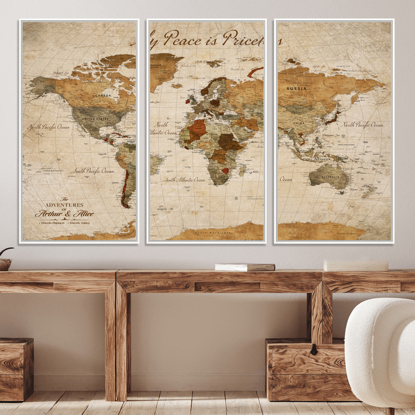-Framed Push Pin World Travel Map – Canvas Wall Art for Tracking Adventures, Decorative Vintage Style Map with Pins for Home or Office - H1