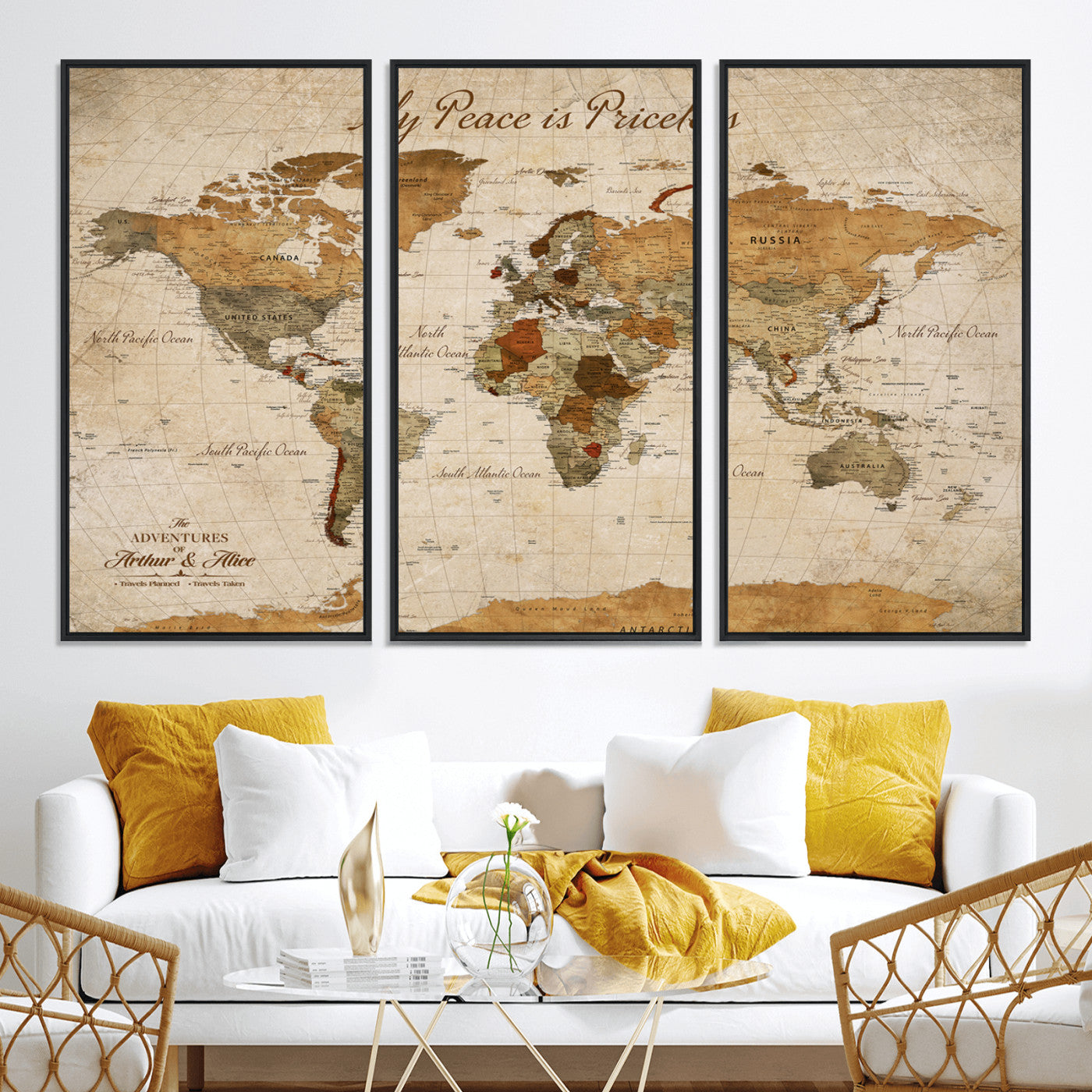 -Framed Push Pin World Travel Map – Canvas Wall Art for Tracking Adventures, Decorative Vintage Style Map with Pins for Home or Office - H1