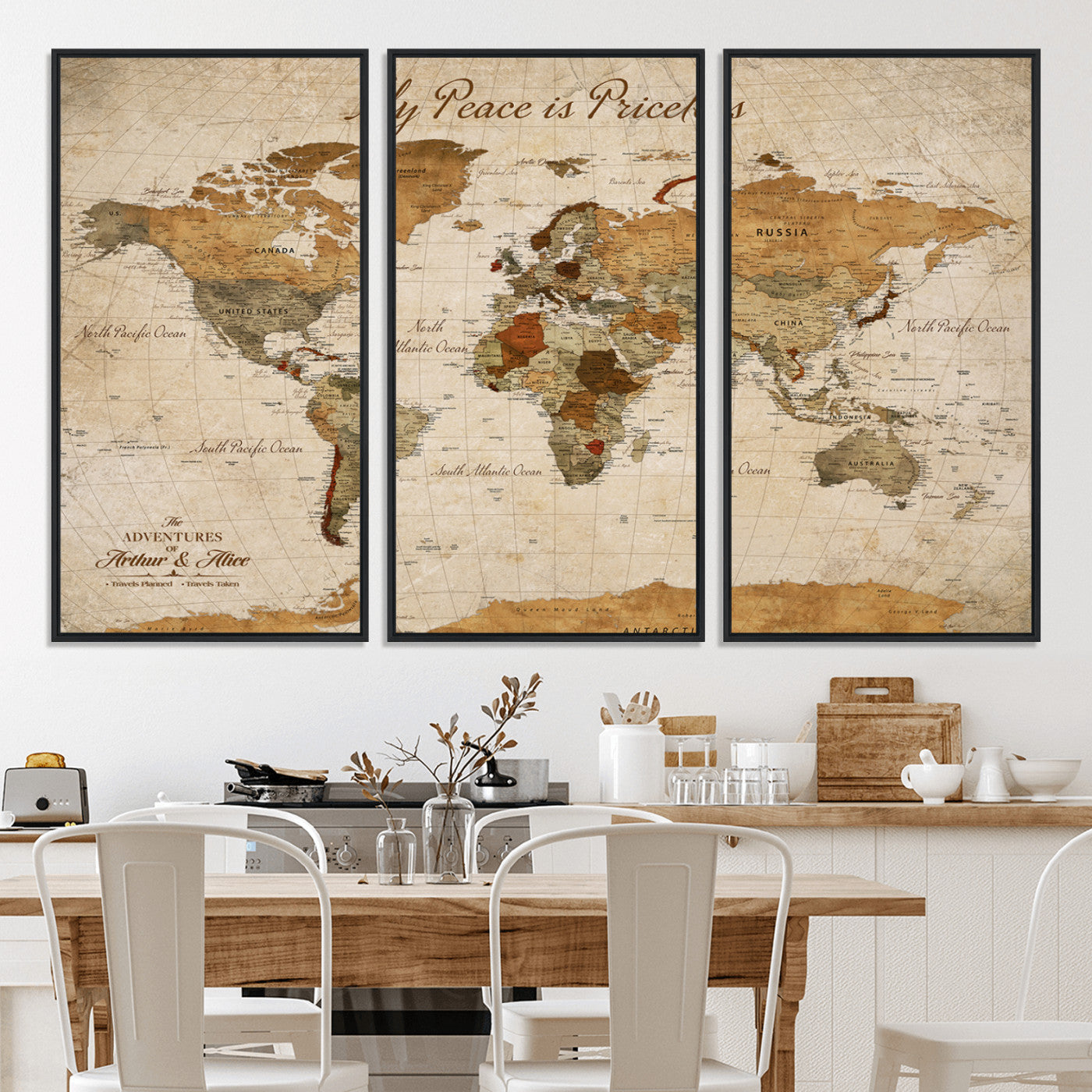 -Framed Push Pin World Travel Map – Canvas Wall Art for Tracking Adventures, Decorative Vintage Style Map with Pins for Home or Office - H1