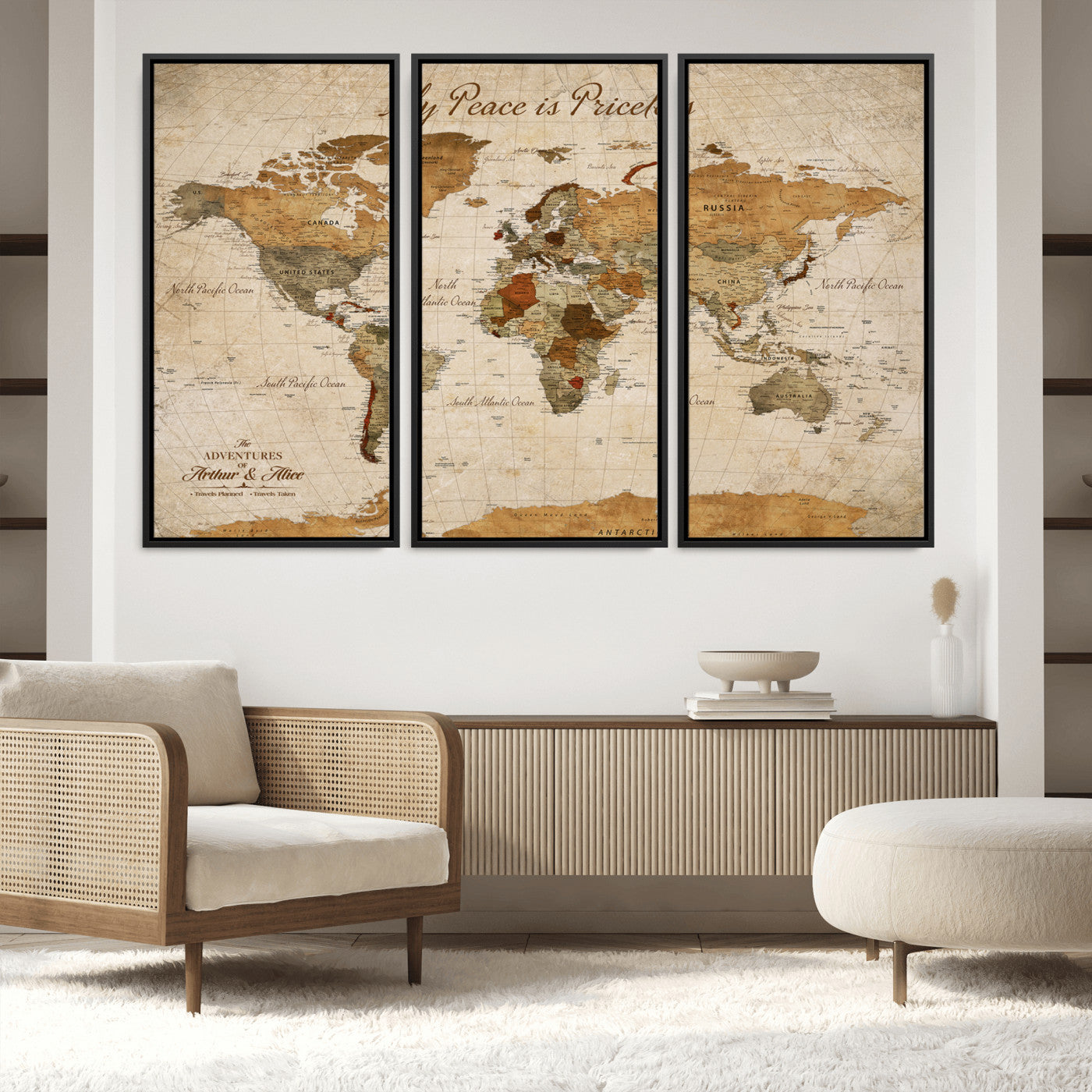 -Framed Push Pin World Travel Map – Canvas Wall Art for Tracking Adventures, Decorative Vintage Style Map with Pins for Home or Office - H1