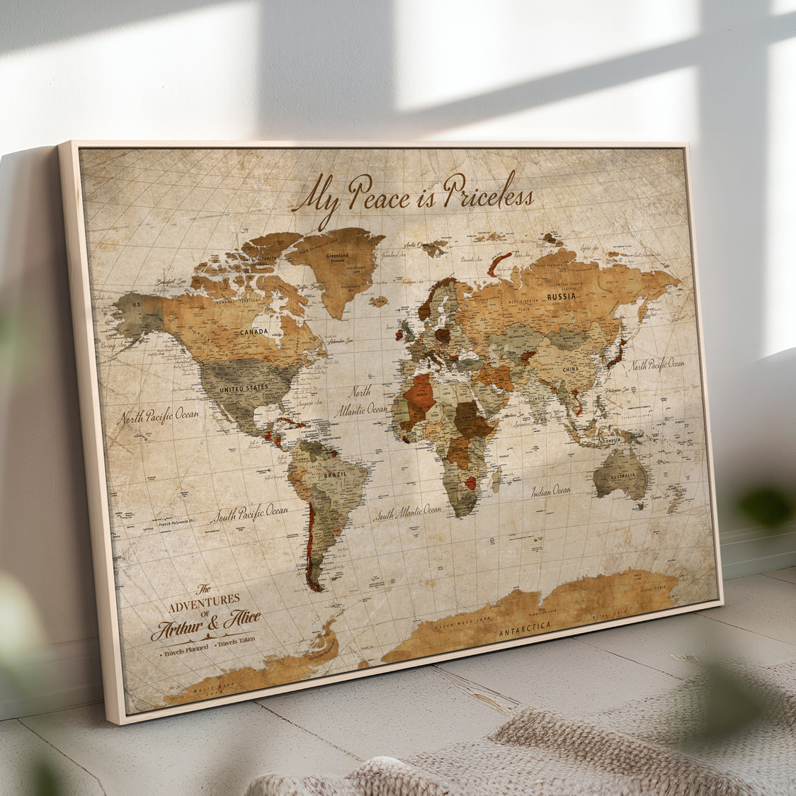 -Framed Push Pin World Travel Map – Canvas Wall Art for Tracking Adventures, Decorative Vintage Style Map with Pins for Home or Office - H1