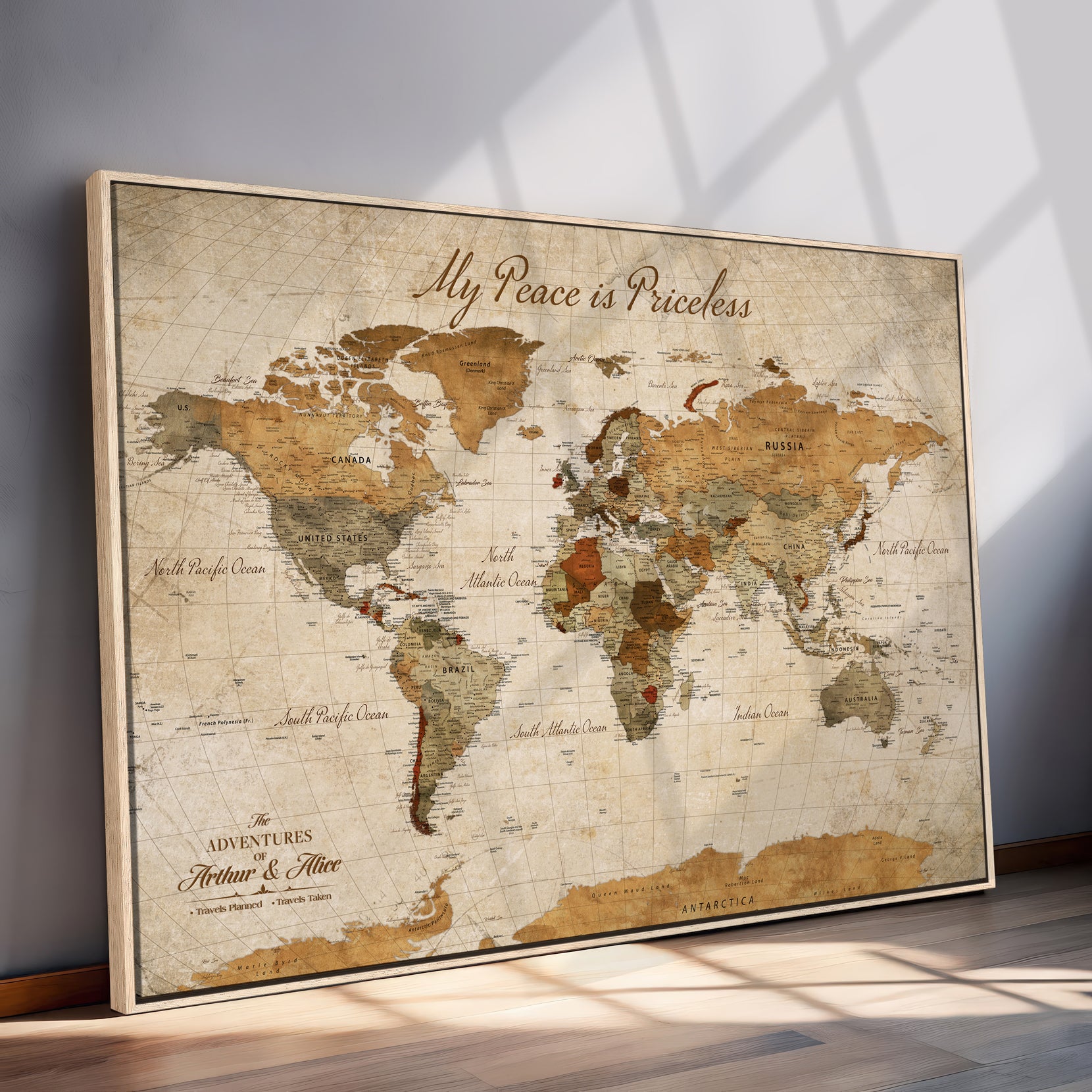 -Framed Push Pin World Travel Map – Canvas Wall Art for Tracking Adventures, Decorative Vintage Style Map with Pins for Home or Office - H1