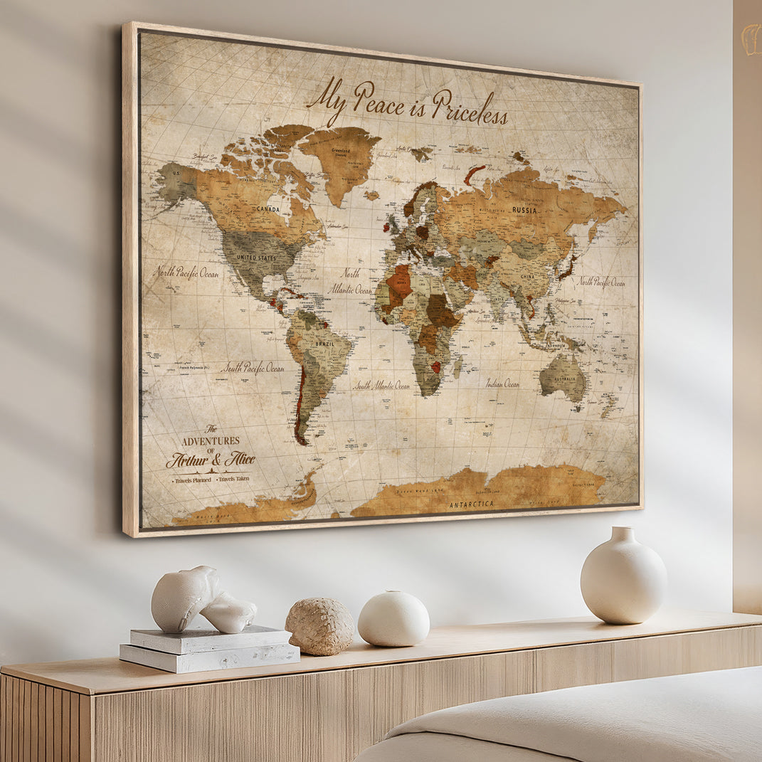 -Framed Push Pin World Travel Map – Canvas Wall Art for Tracking Adventures, Decorative Vintage Style Map with Pins for Home or Office - H1