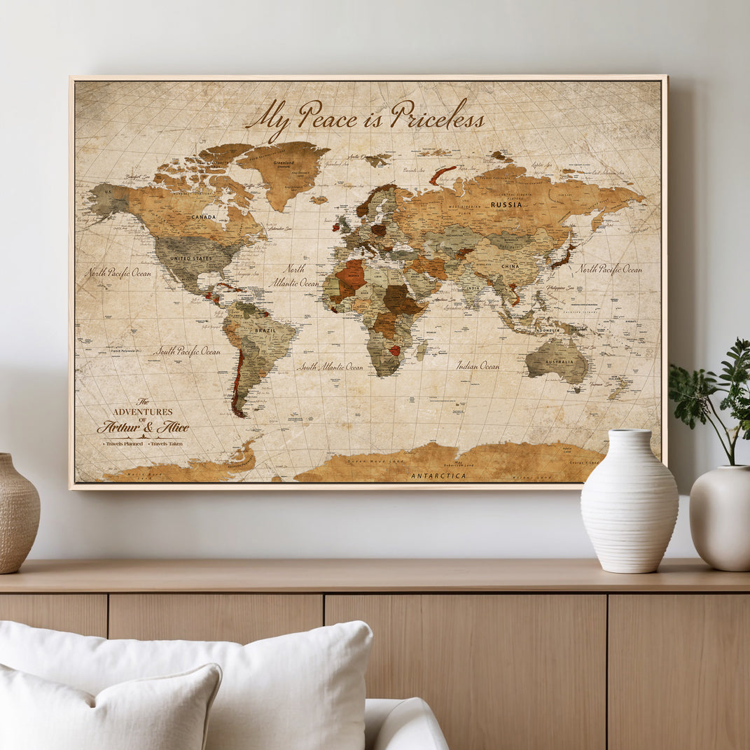 -Framed Push Pin World Travel Map – Canvas Wall Art for Tracking Adventures, Decorative Vintage Style Map with Pins for Home or Office - H1