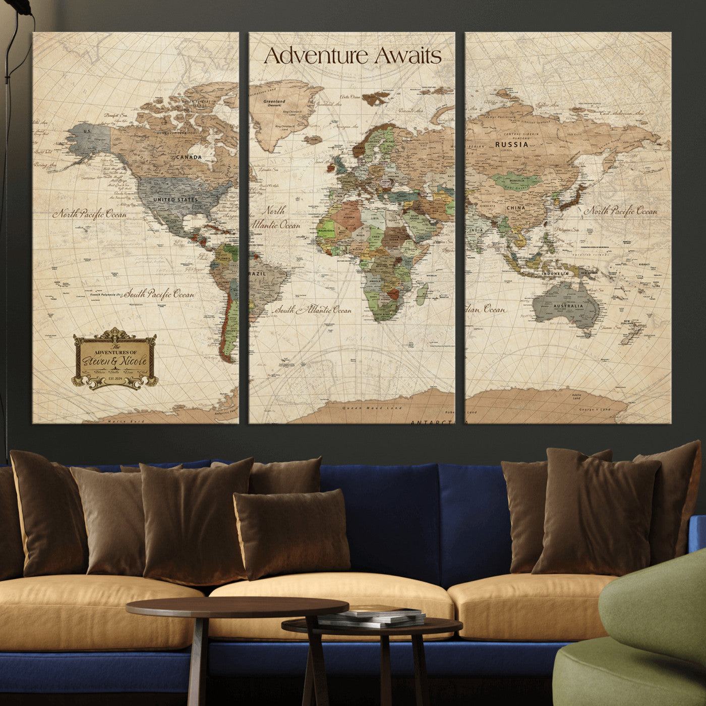 82844776-MGV-CV-48X32-3P-Personalized Push Pin World Map Canvas Print Custom Adventure Tracker Framed Travel Wall Art Gift for Couples Family Home Office