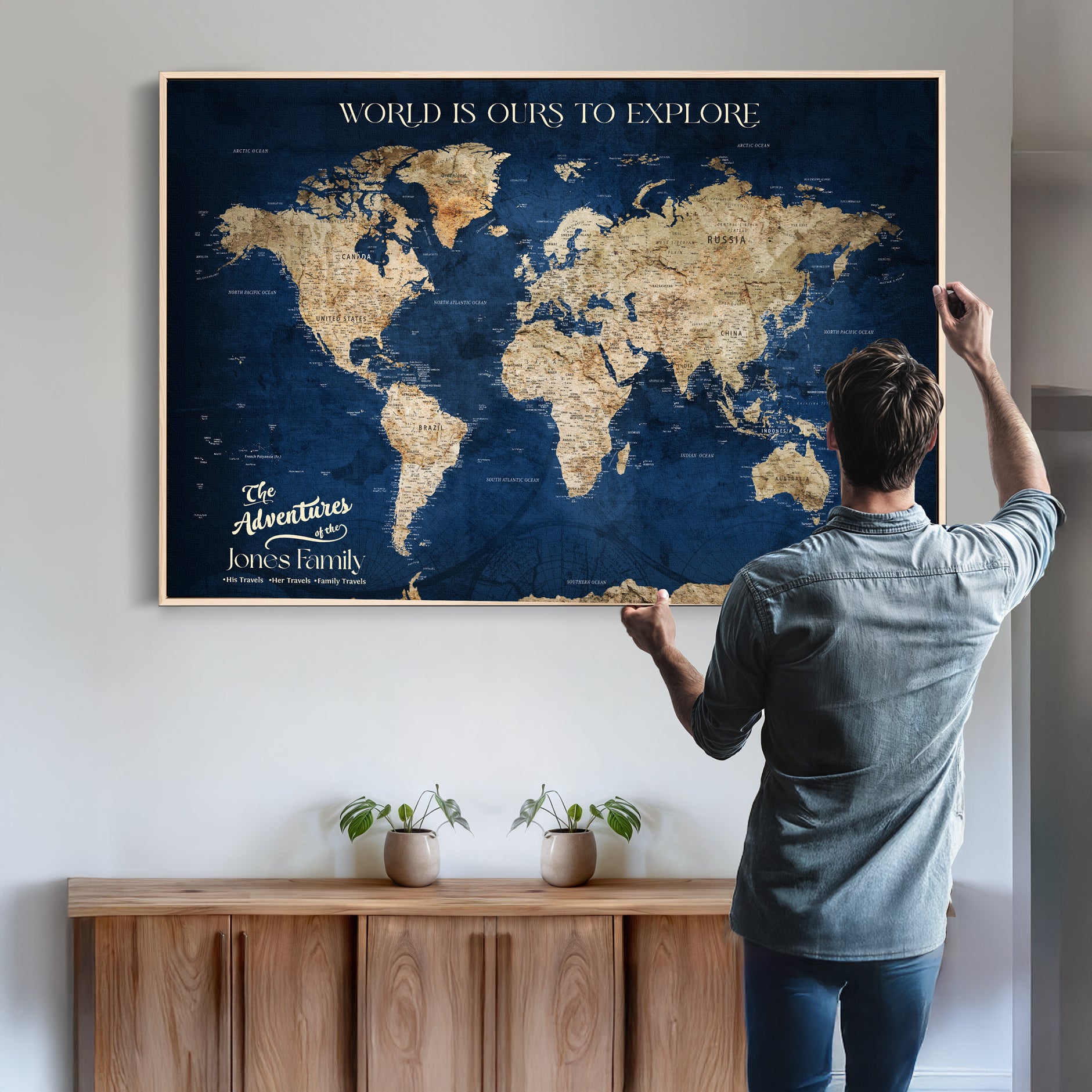56122A-MGV-CV-36X24 - Customizable Push Pin World Map Canvas Print Foam Cork Pin Include, Custom Travel Tracker Map Framed Wall Art Gift for Couples Family for Home, Office Decor