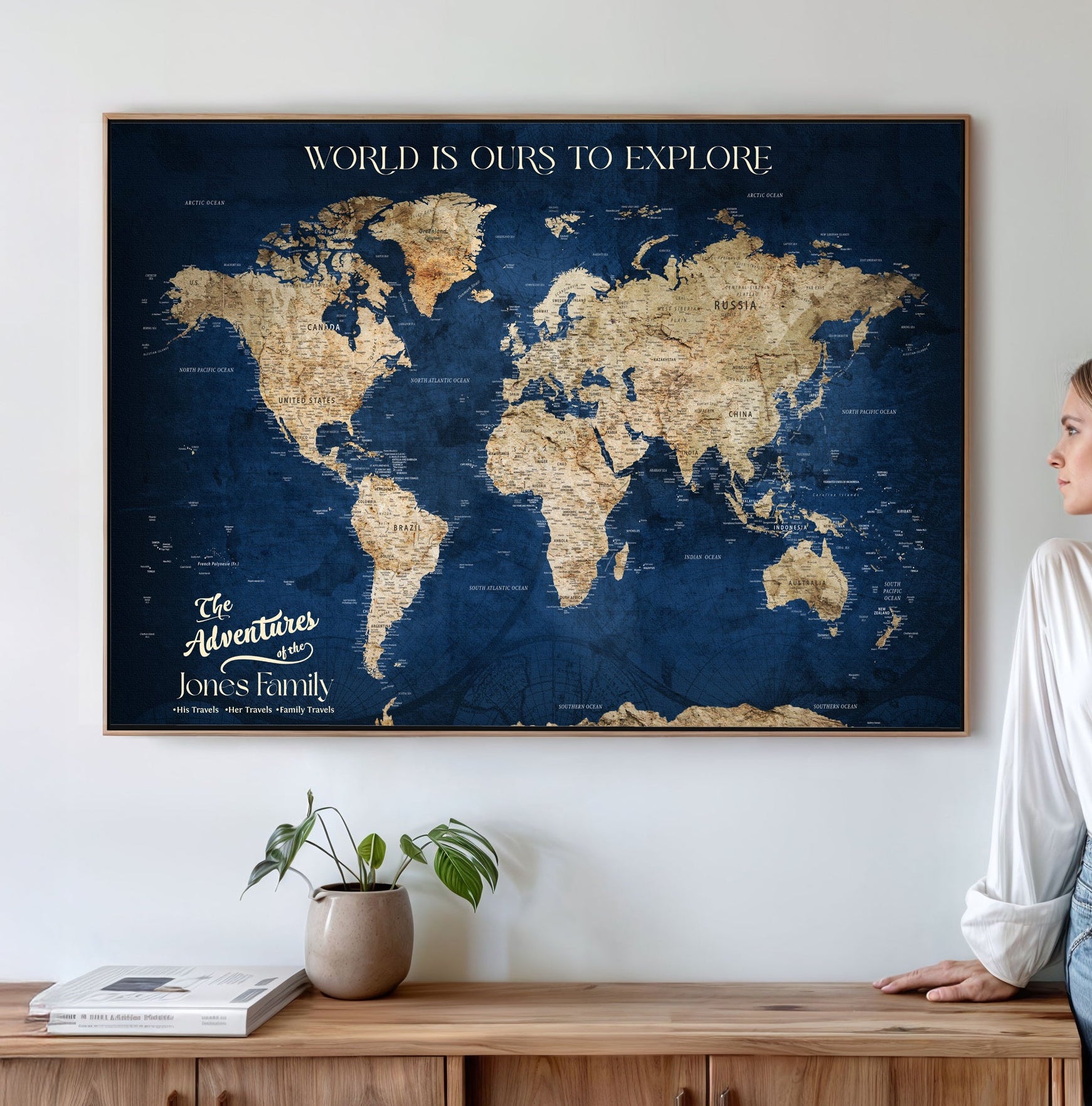 56122A-MGV-CV-36X24 - Personalized Push Pin World Map Canvas Print – Custom Couple Travel Tracker Wall Art, Framed Anniversary Gift for Home Decor