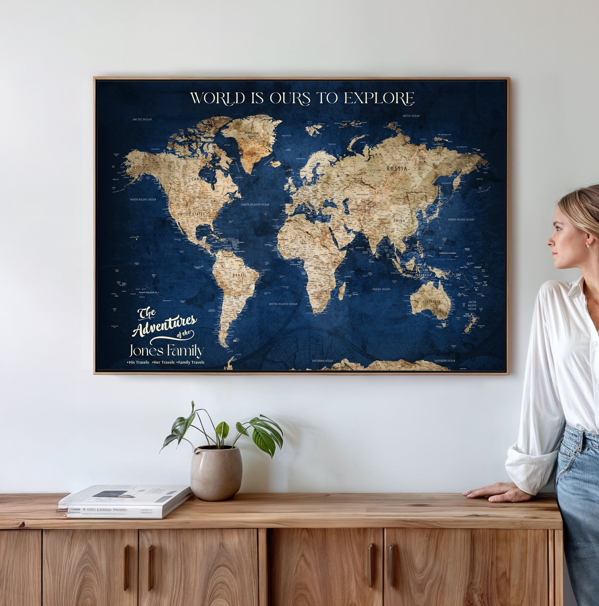 56122A-MGV-CV-36X24 - Customizable Push Pin World Map Canvas Print Foam Cork Pin Include, Custom Travel Tracker Map Framed Wall Art Gift for Couples Family for Home, Office Decor