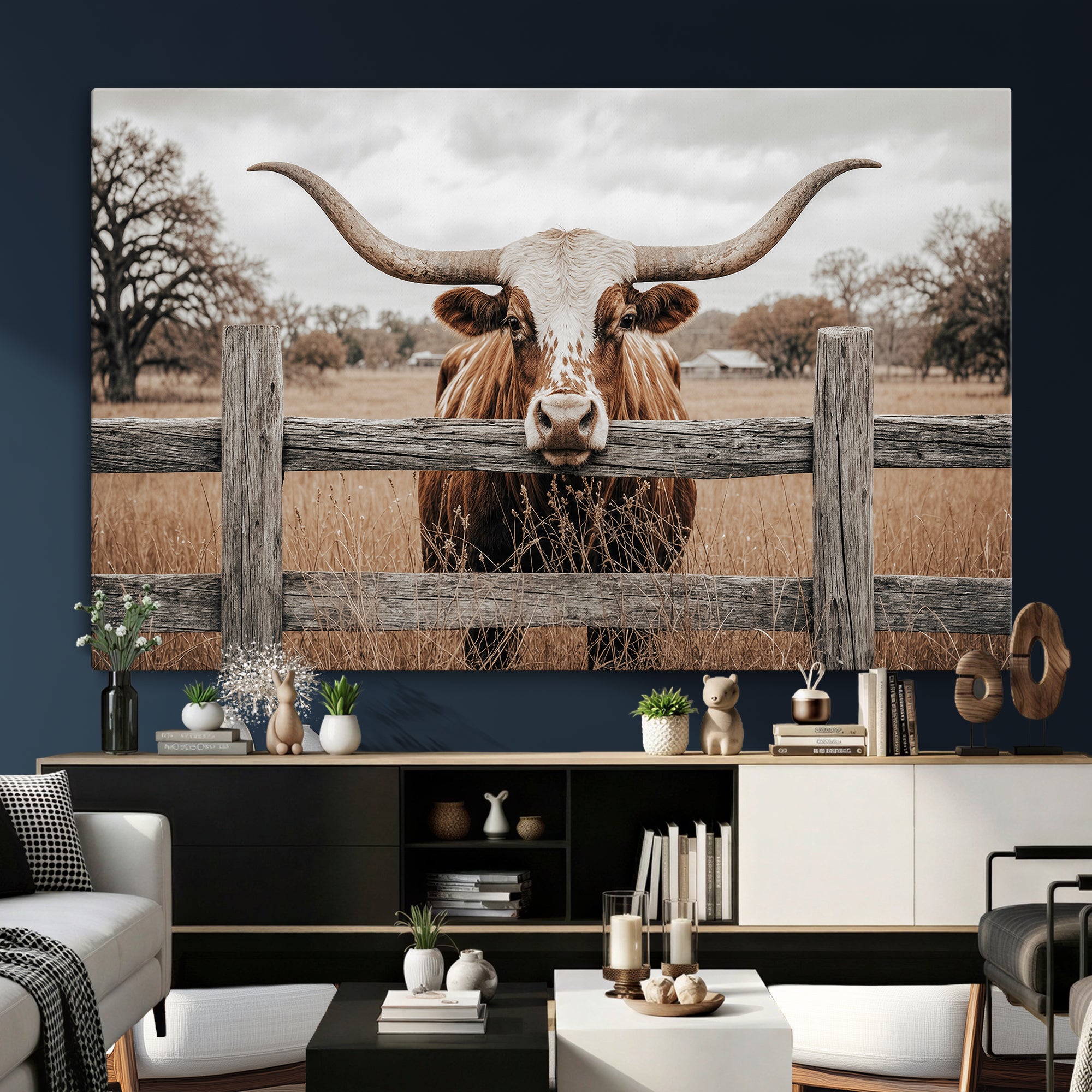 59378683N-MGV-CV-36X24 - Farmhouse Texas Longhorn Bull Canvas Wall Art, Western Ranch Cattle Photography Print, Rustic Barn Cowboy Decor Artwork
