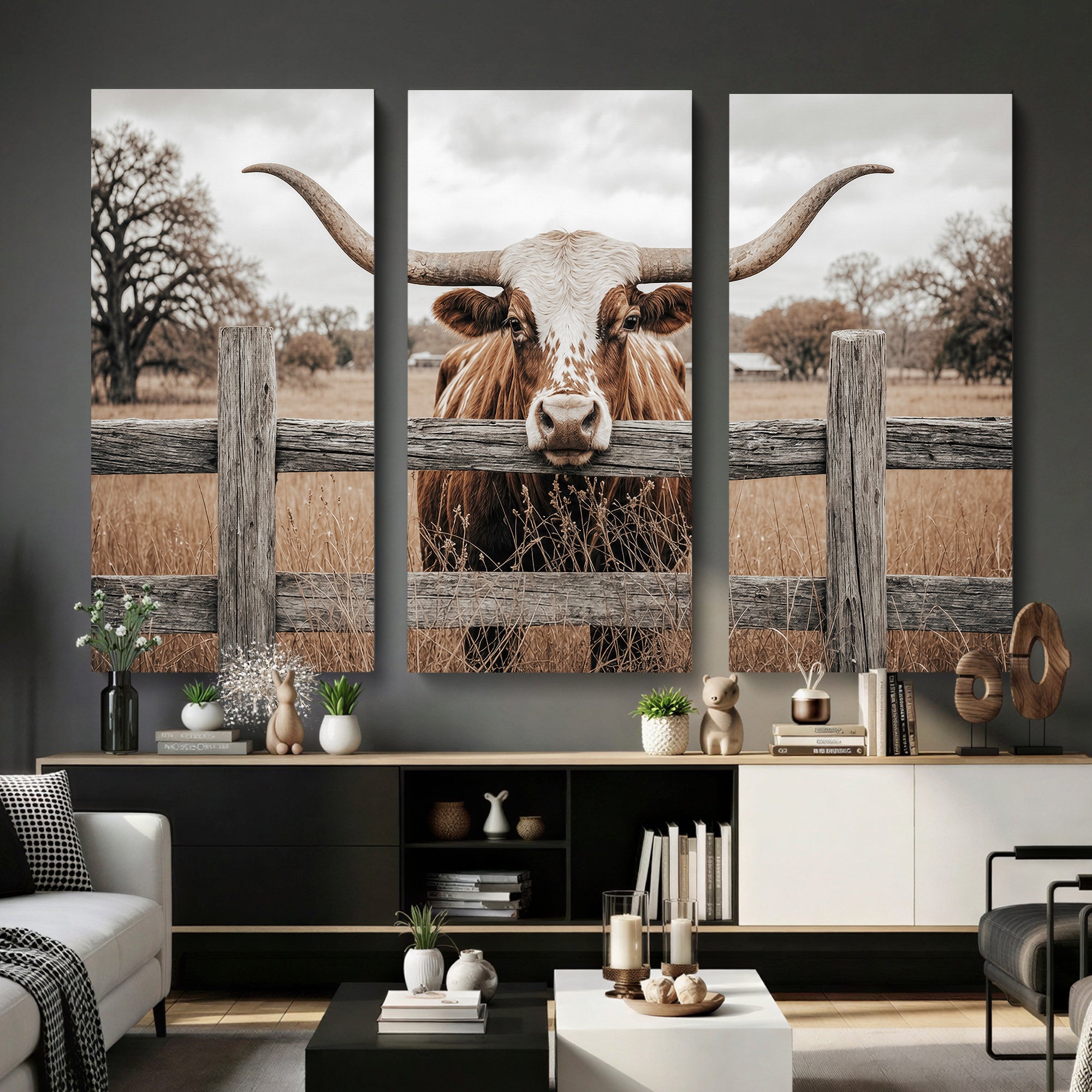 59378683N-MGV-CV-36X24 - Farmhouse Texas Longhorn Bull Canvas Wall Art, Western Ranch Cattle Photography Print, Rustic Barn Cowboy Decor Artwork