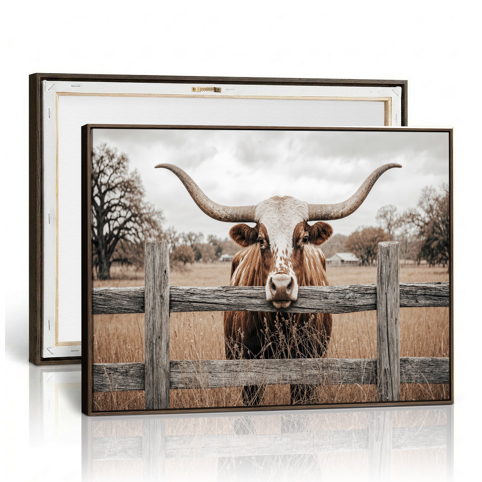 59378683N-MGV-CV-36X24 - Farmhouse Texas Longhorn Bull Canvas Wall Art, Western Ranch Cattle Photography Print, Rustic Barn Cowboy Decor Artwork