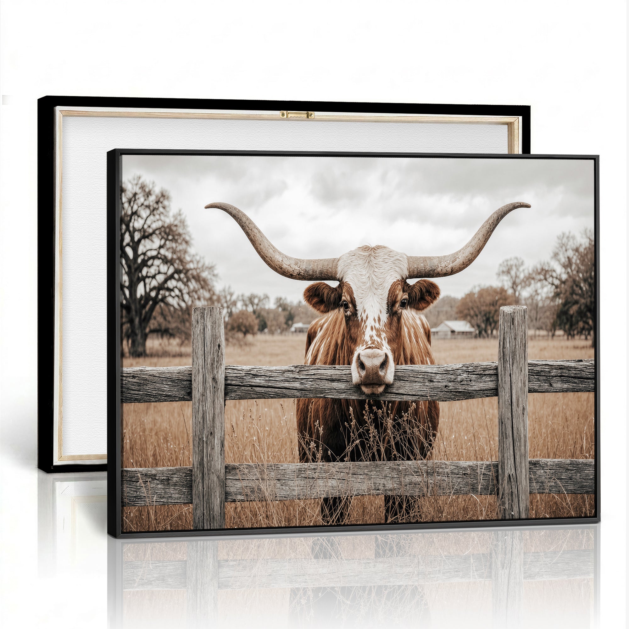 59378683N-MGV-CV-36X24 - Farmhouse Texas Longhorn Bull Canvas Wall Art, Western Ranch Cattle Photography Print, Rustic Barn Cowboy Decor Artwork