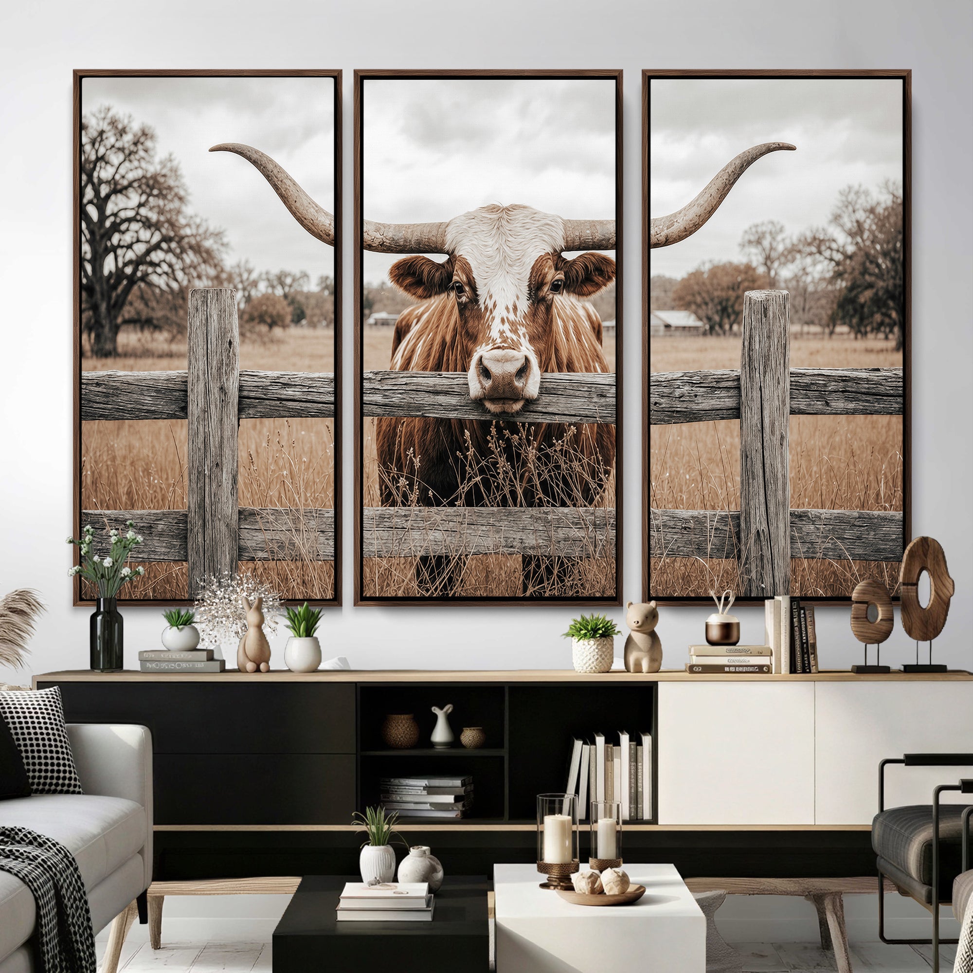 59378683N-MGV-CV-36X24 - Farmhouse Texas Longhorn Bull Canvas Wall Art, Western Ranch Cattle Photography Print, Rustic Barn Cowboy Decor Artwork