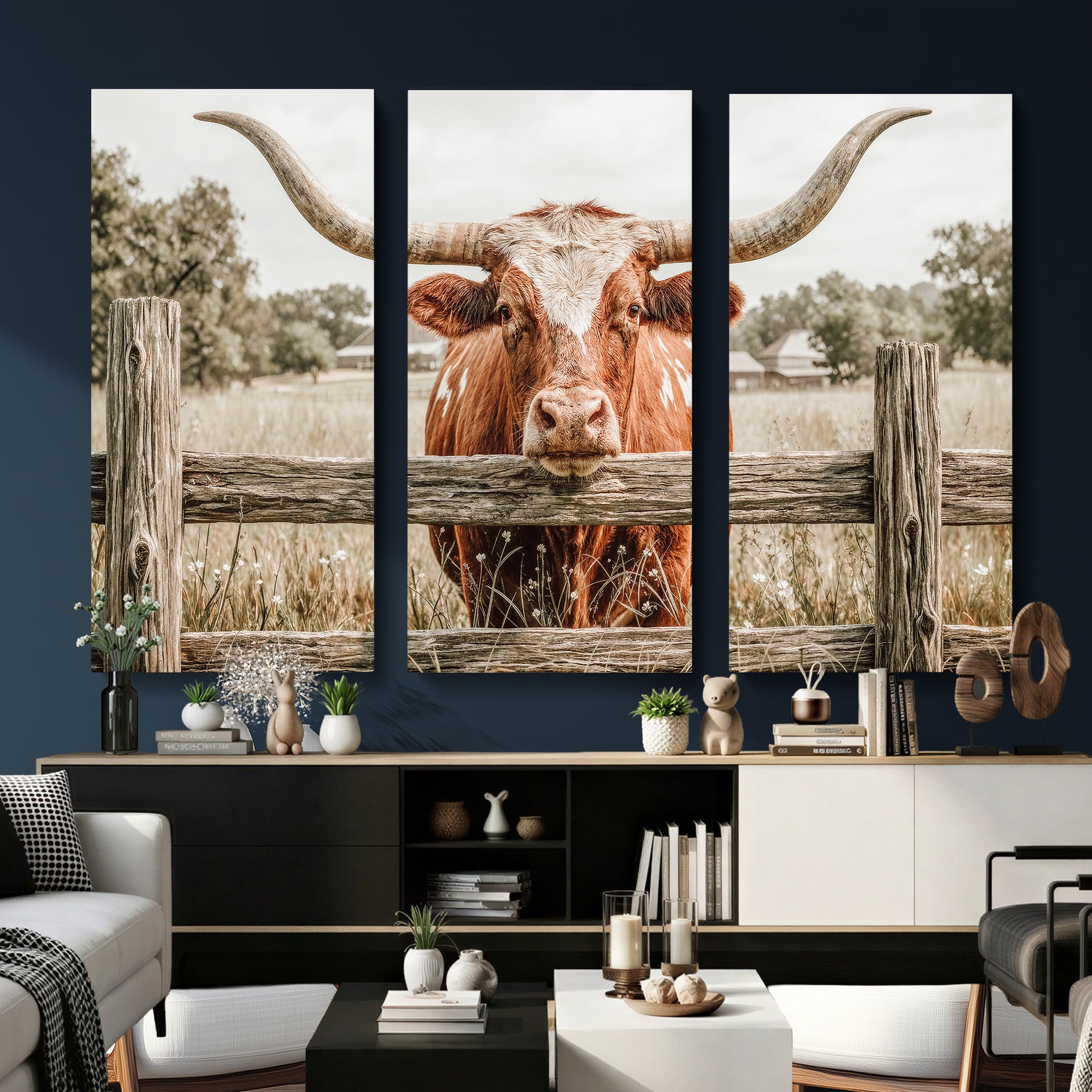 59378683M-MGV-CV-48X32-3P - Large Farmhouse Texas Longhorn Bull Canvas Wall Art, Western Ranch Cattle Photography Print, Rustic Barn Cowboy Decor Artwork