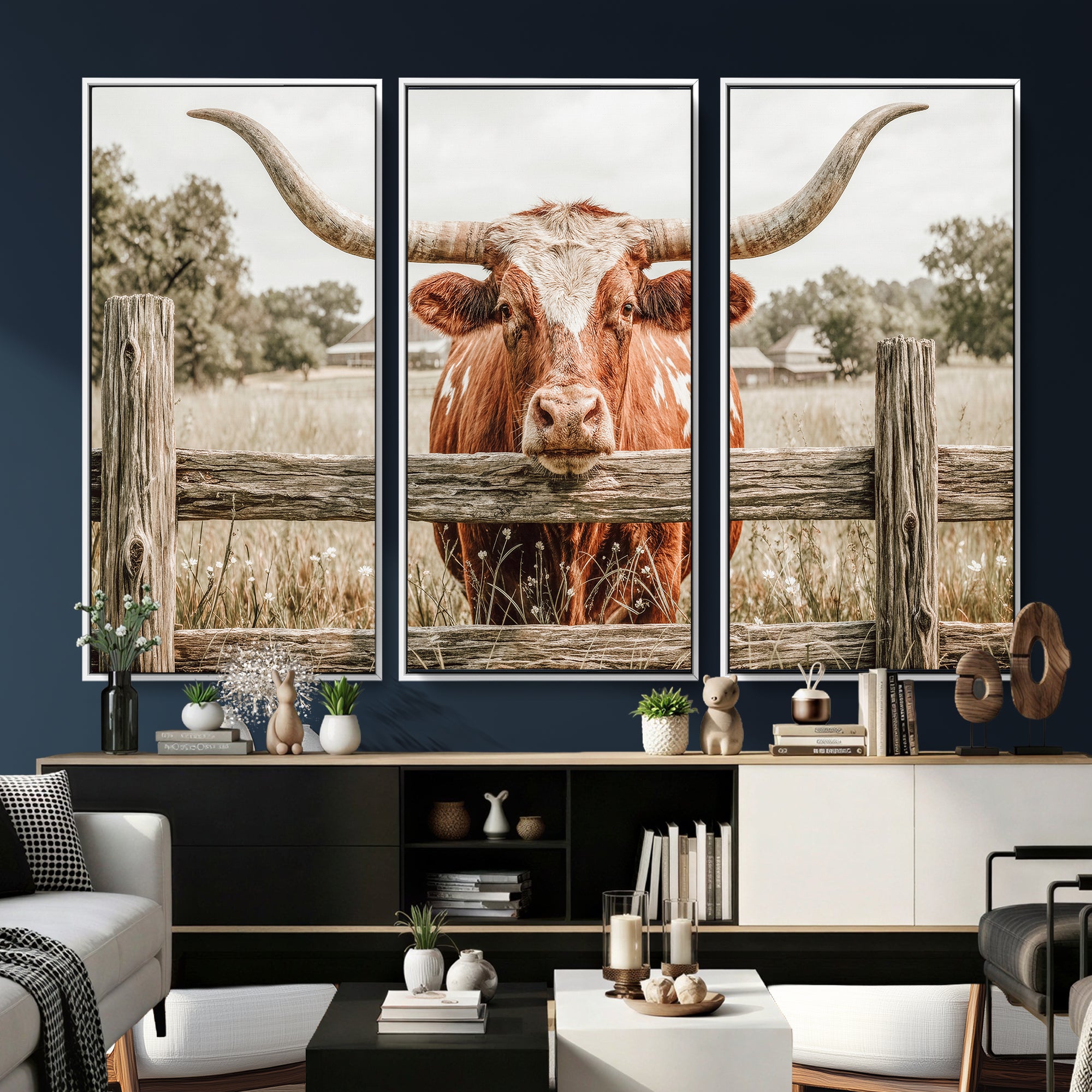 59378683M-MGV-CV-48X32-3P - Large Farmhouse Texas Longhorn Bull Canvas Wall Art, Western Ranch Cattle Photography Print, Rustic Barn Cowboy Decor Artwork
