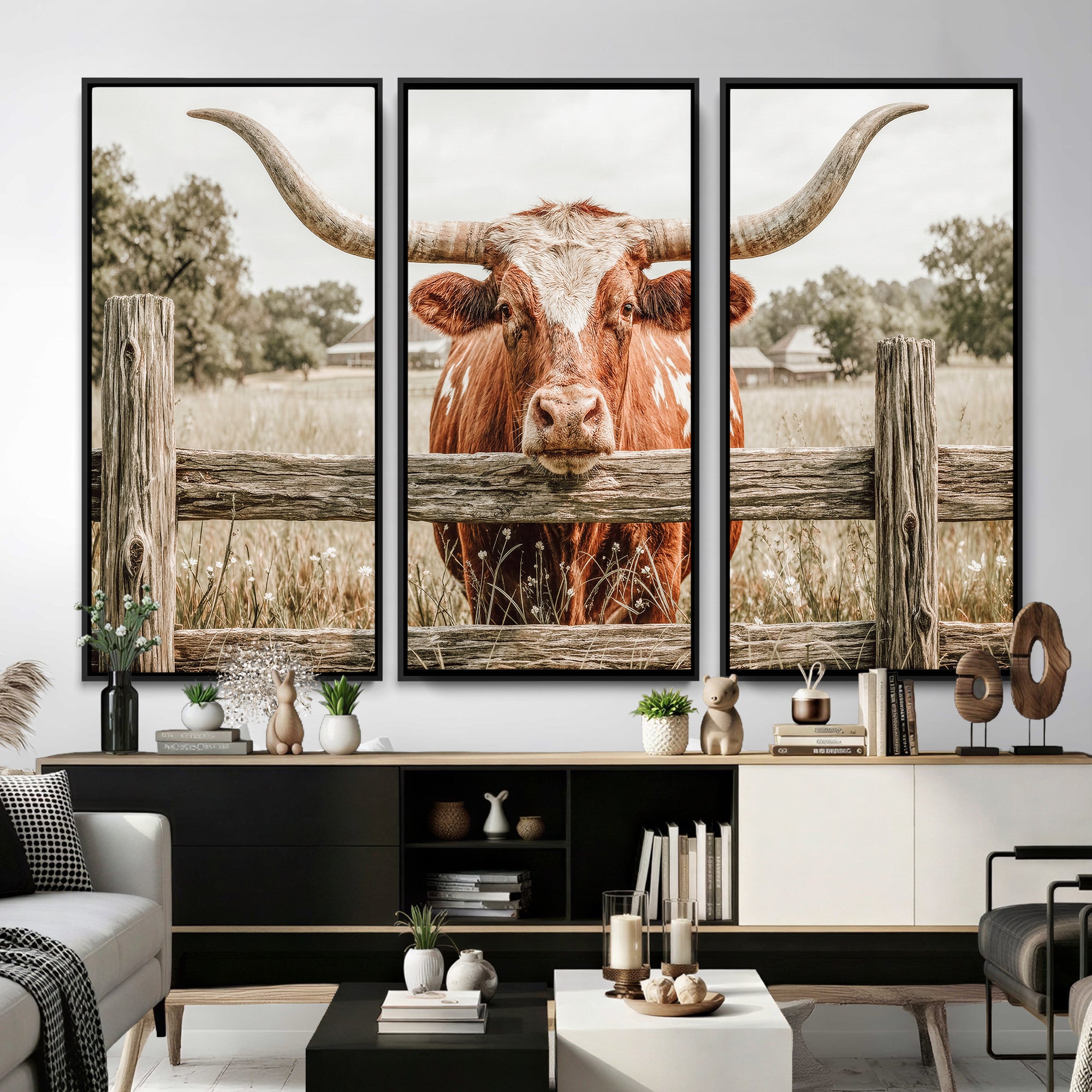 59378683M-MGV-CV-48X32-3P - Large Farmhouse Texas Longhorn Bull Canvas Wall Art, Western Ranch Cattle Photography Print, Rustic Barn Cowboy Decor Artwork