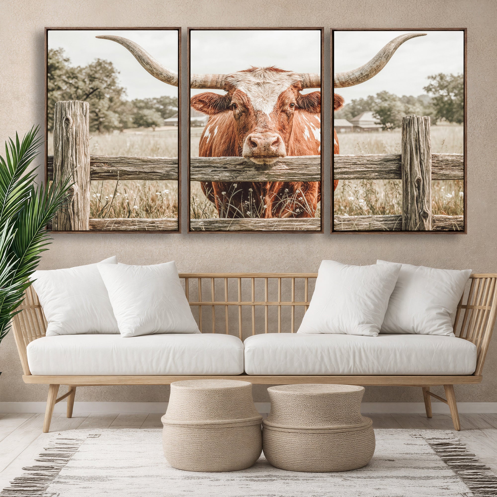 59378683M-MGV-CV-48X32-3P - Large Farmhouse Texas Longhorn Bull Canvas Wall Art, Western Ranch Cattle Photography Print, Rustic Barn Cowboy Decor Artwork