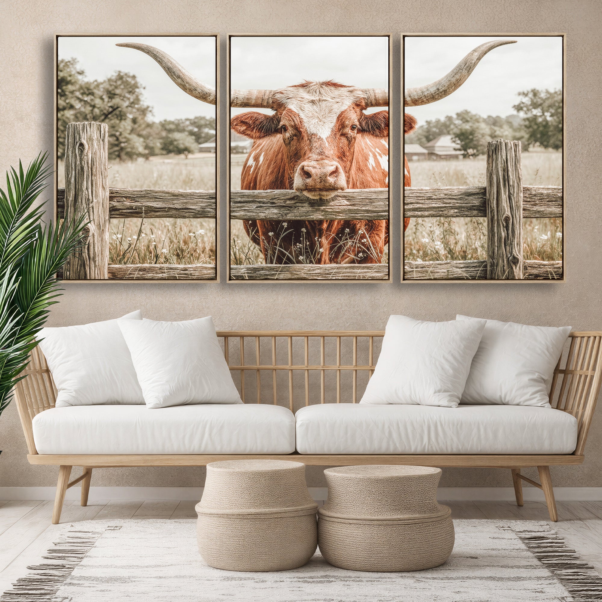 59378683M-MGV-CV-48X32-3P - Large Farmhouse Texas Longhorn Bull Canvas Wall Art, Western Ranch Cattle Photography Print, Rustic Barn Cowboy Decor Artwork