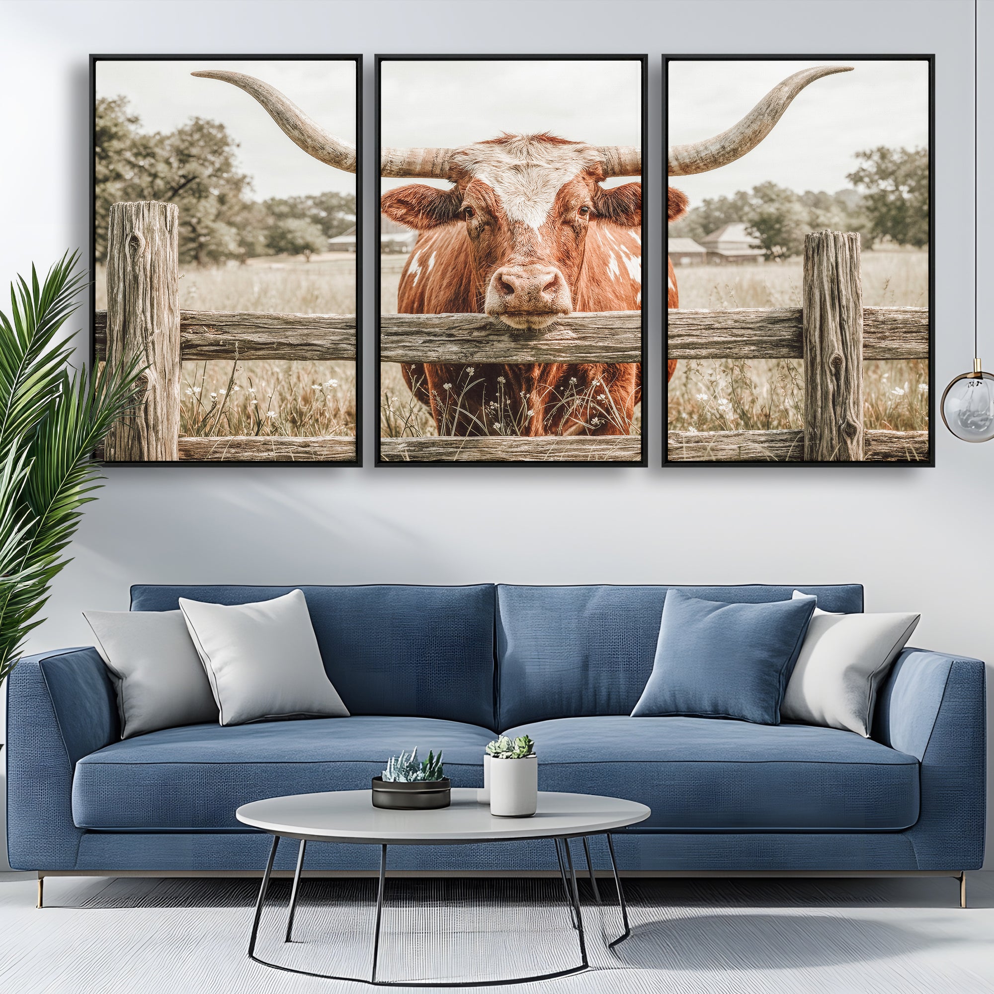 59378683M-MGV-CV-48X32-3P - Large Farmhouse Texas Longhorn Bull Canvas Wall Art, Western Ranch Cattle Photography Print, Rustic Barn Cowboy Decor Artwork