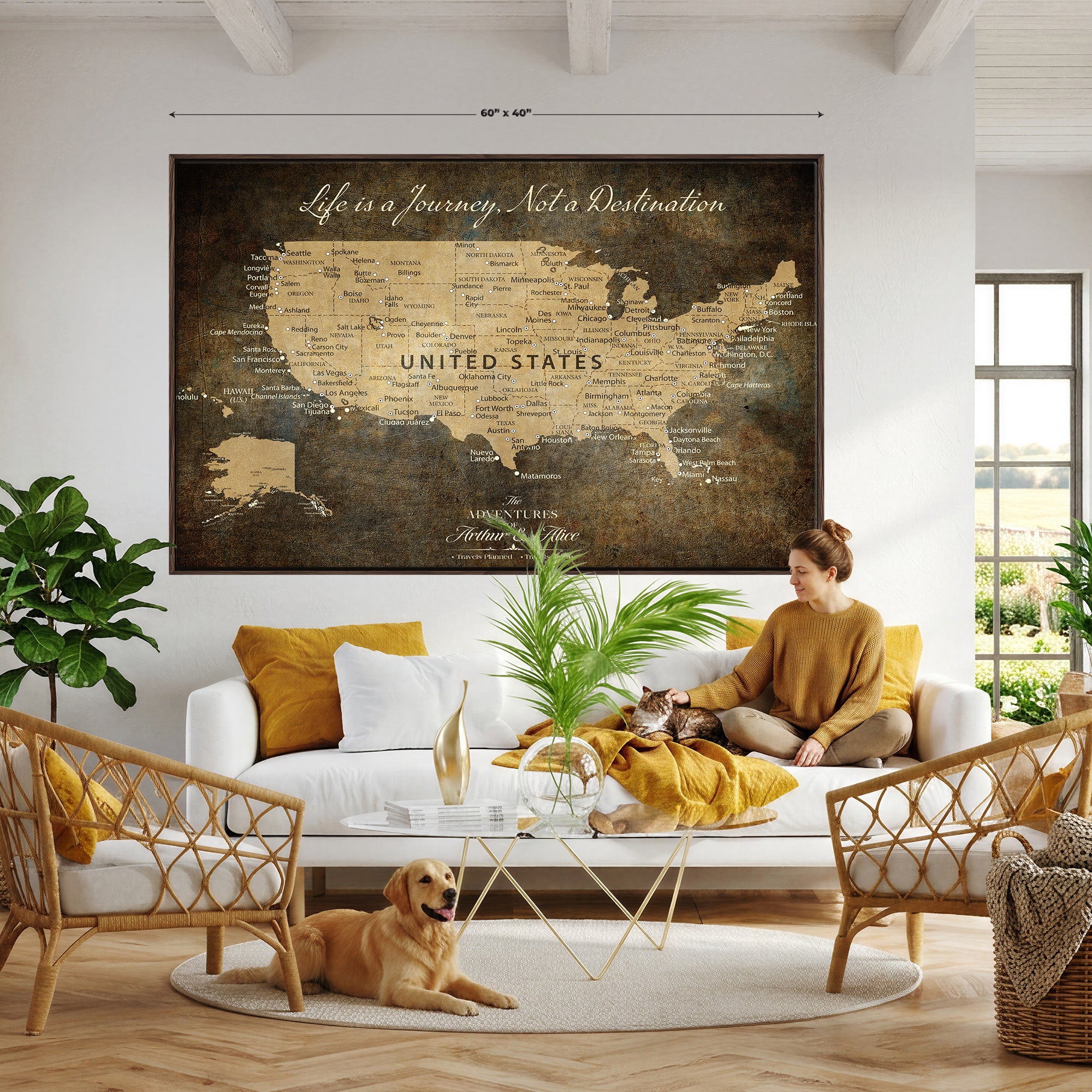 51713332-MGV-CV-36X24 - Personalized USA Push Pin Travel Map Canvas for Adventure Wall Decor