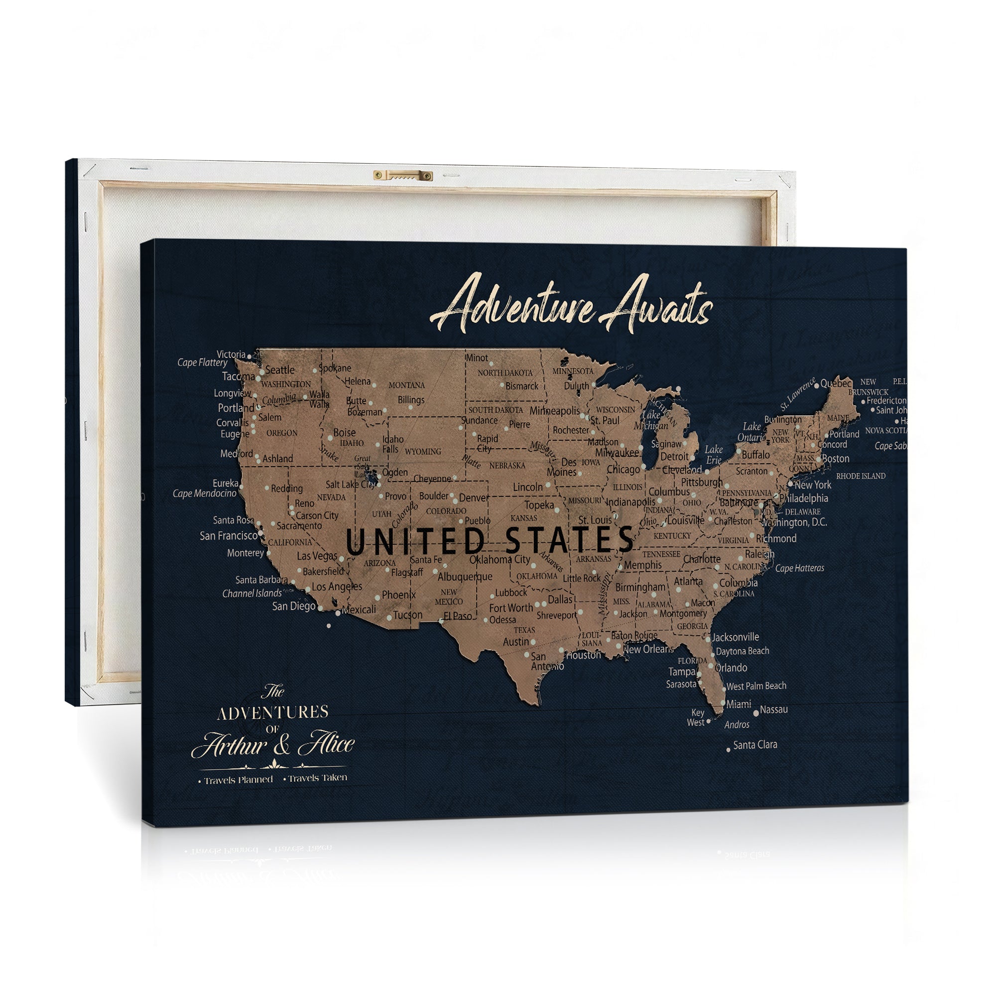 12015888-MGV-CV-36X24 - Blue Custom USA Push Pin Travel Map Canvas for Trip Tracker