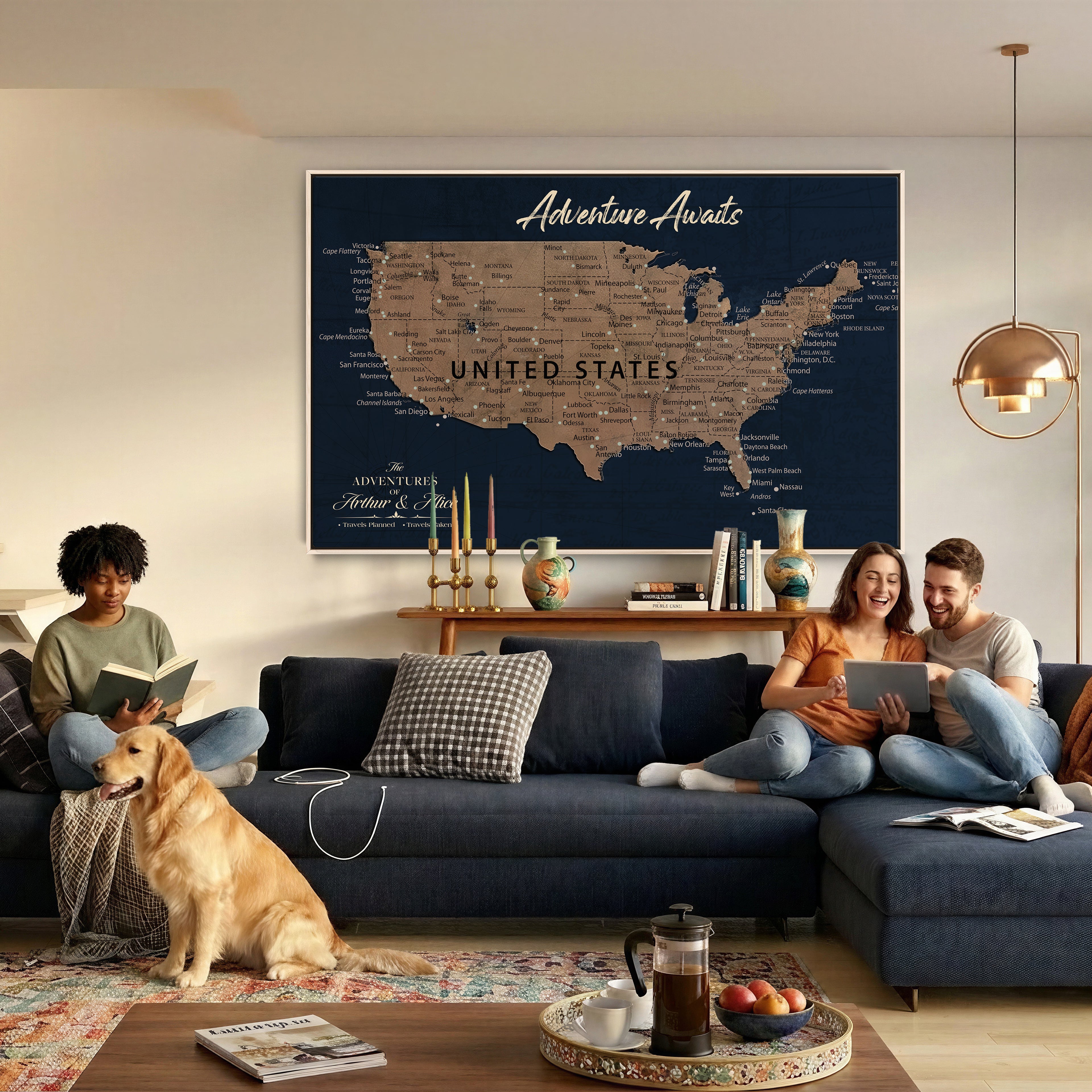 12015888-MGV-CV-36X24 - Blue Custom USA Push Pin Travel Map Canvas for Trip Tracker