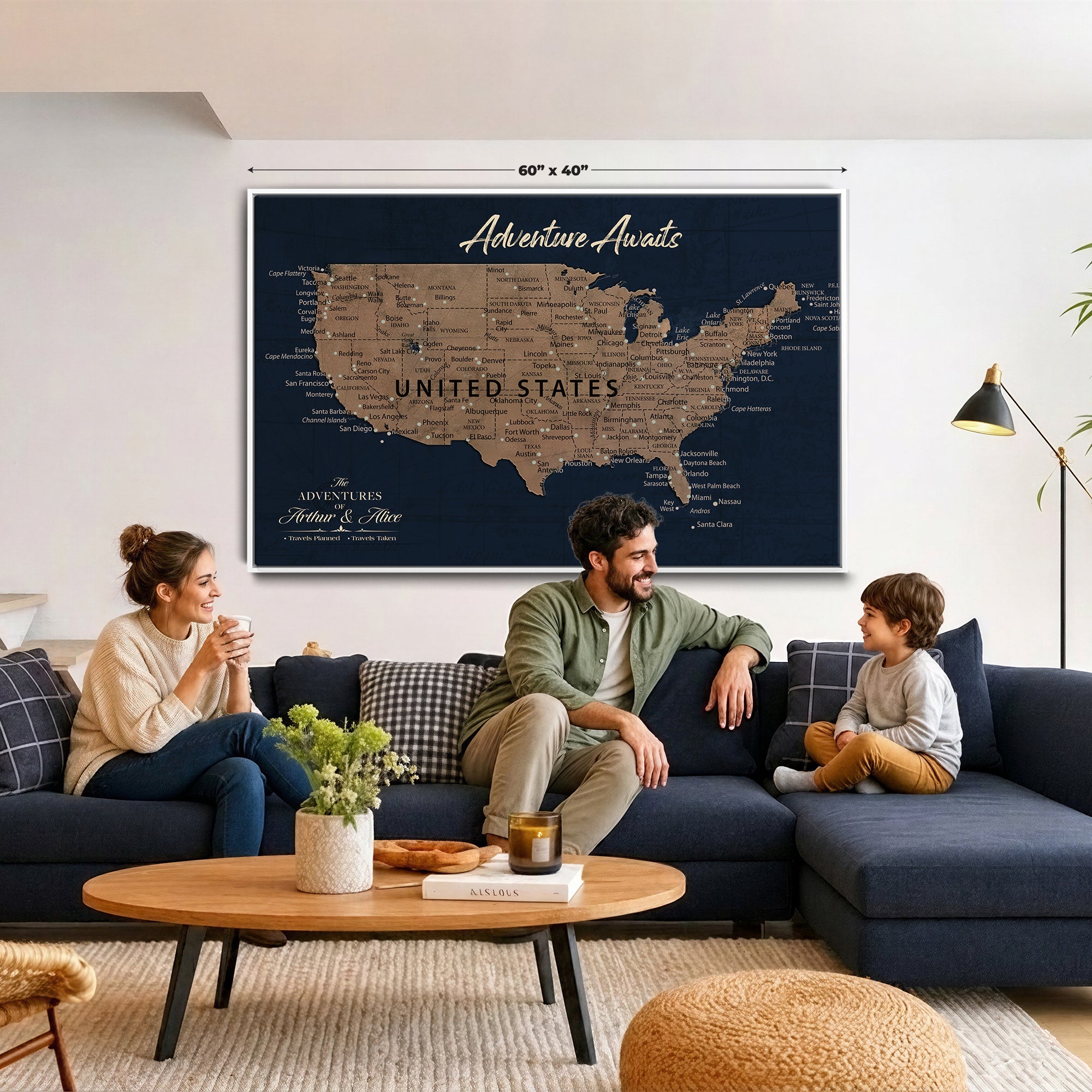 12015888-MGV-CV-36X24 - Blue Custom USA Push Pin Travel Map Canvas for Trip Tracker