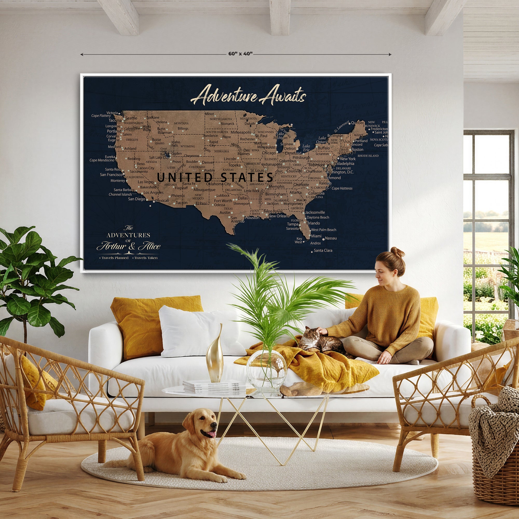 12015888-MGV-CV-36X24 - Blue Custom USA Push Pin Travel Map Canvas for Trip Tracker