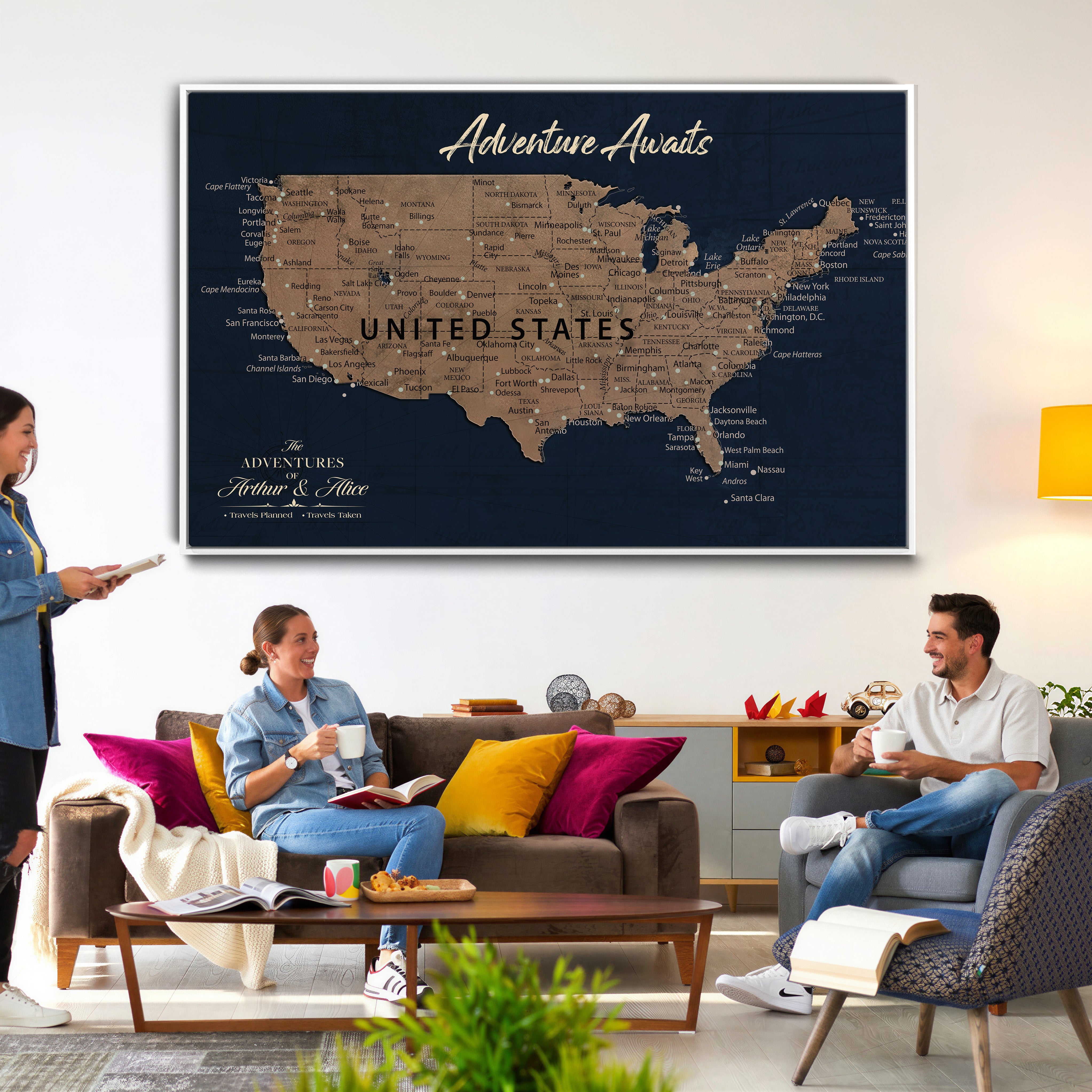 12015888-MGV-CV-36X24 - Blue Custom USA Push Pin Travel Map Canvas for Trip Tracker