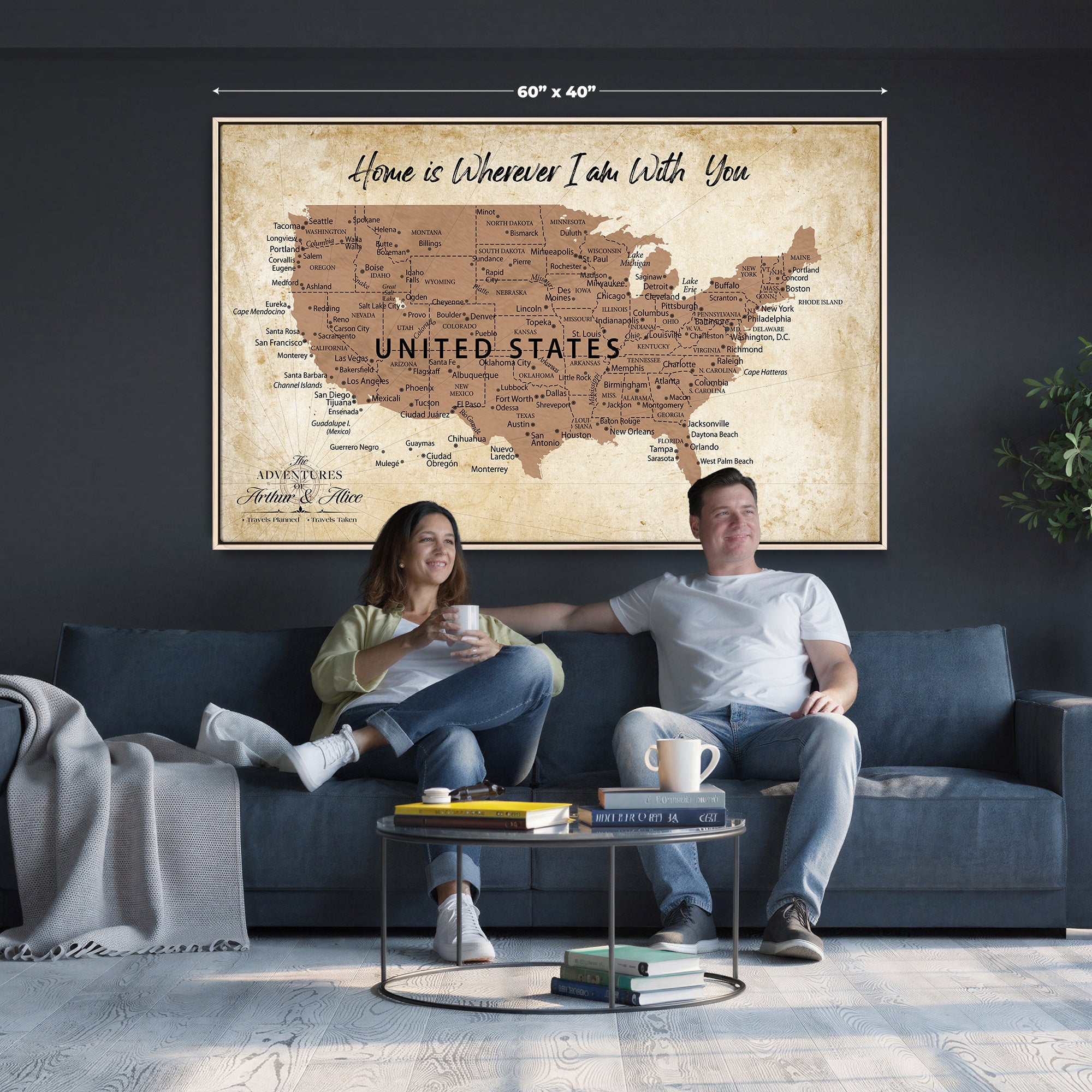 41270900CR-MGV-CV-36X24 - Custom Push Pin US Map Canvas | Personalized Travel Tracker | USA Cities Map Anniversary Gift for Couples | Adventure America Map Wall Art with Pins