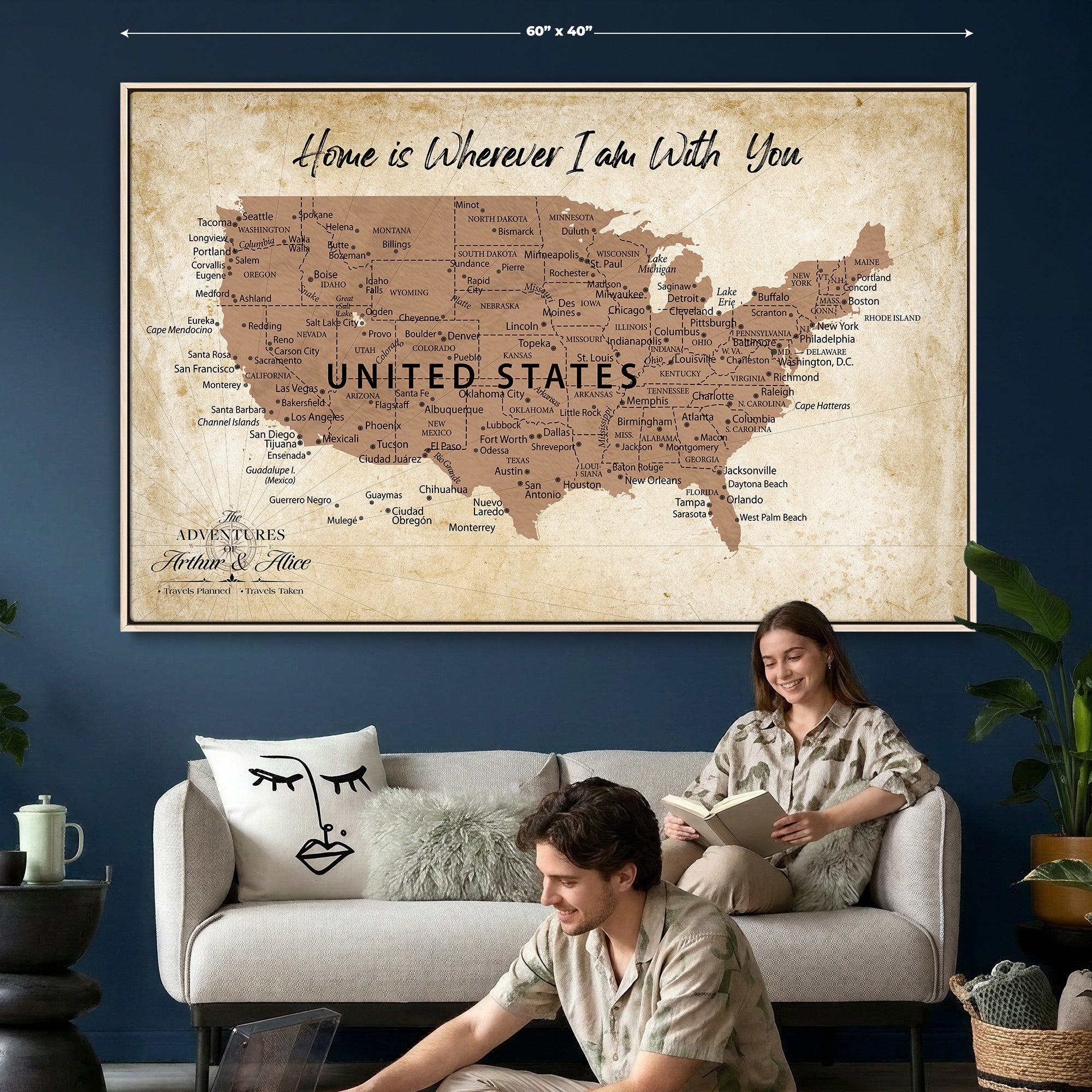 41270900CR-MGV-CV-36X24 - Custom Push Pin US Map Canvas | Personalized Travel Tracker | USA Cities Map Anniversary Gift for Couples | Adventure America Map Wall Art with Pins