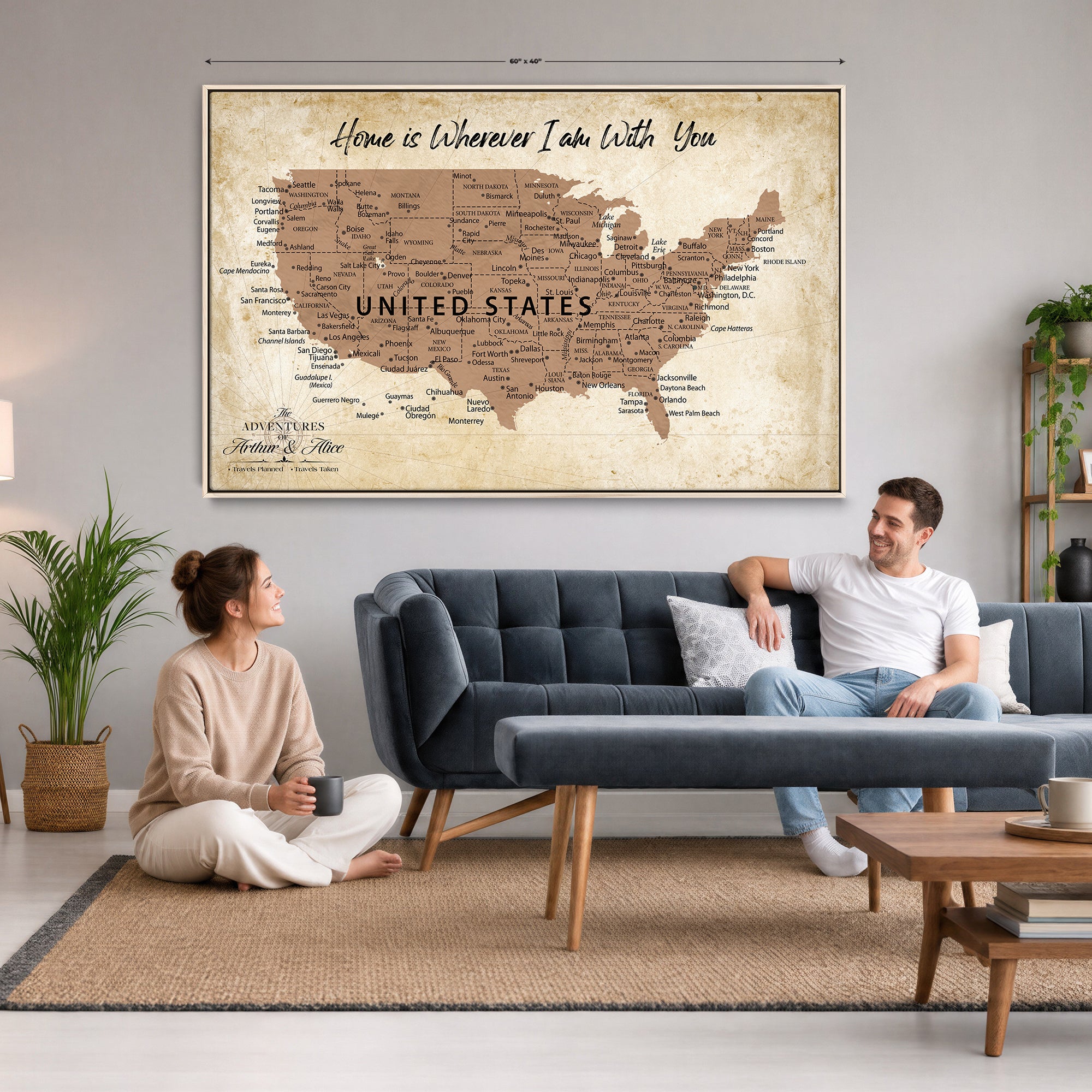 41270900CR-MGV-CV-36X24 - Custom Push Pin US Map Canvas | Personalized Travel Tracker | USA Cities Map Anniversary Gift for Couples | Adventure America Map Wall Art with Pins