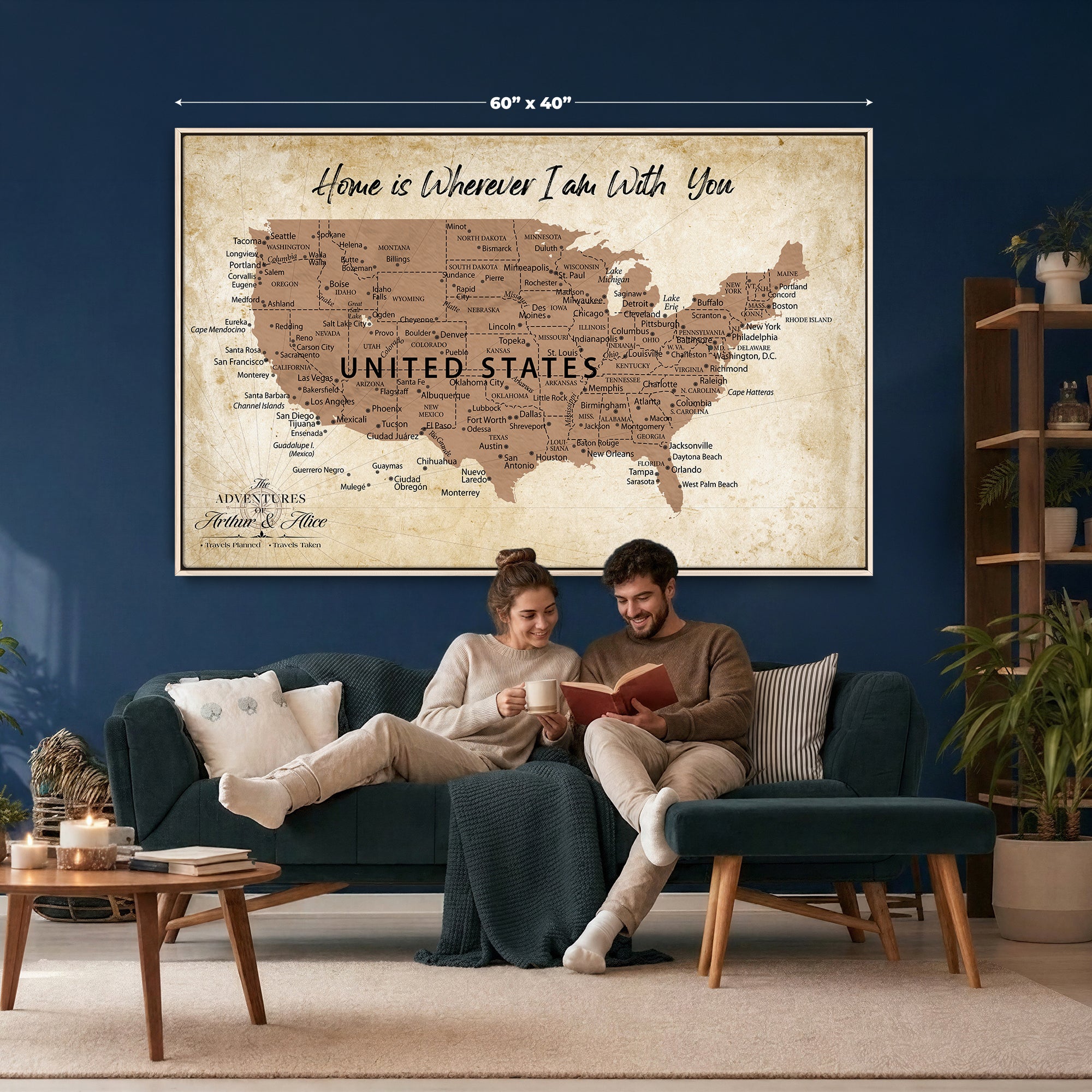 41270900CR-MGV-CV-36X24 - Custom Push Pin US Map Canvas | Personalized Travel Tracker | USA Cities Map Anniversary Gift for Couples | Adventure America Map Wall Art with Pins