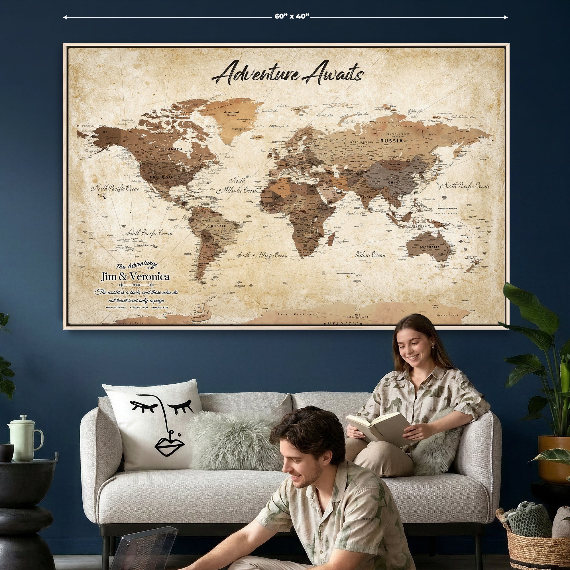14637271CR-MGV-CV-36X24 - Custom Push Pin World Map Canvas | Personalized Travel Tracker | Wedding Anniversary Gift for Couples | Adventure Map Wall Art with Pins