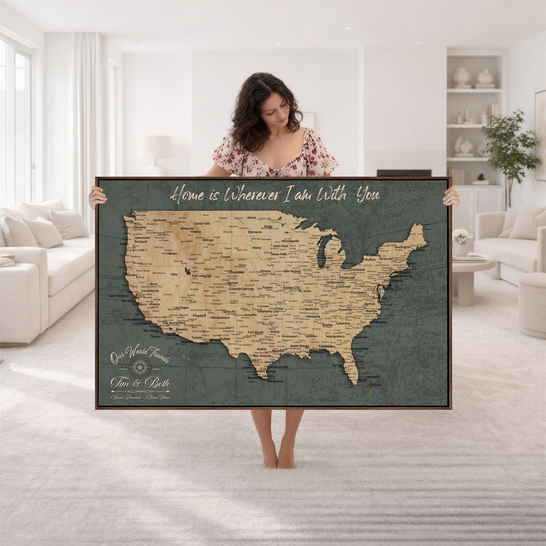 Custom Navy USA Travel Map Canvas with Push Pins, Family Road Trip Map, Bedroom and Home Office Decor