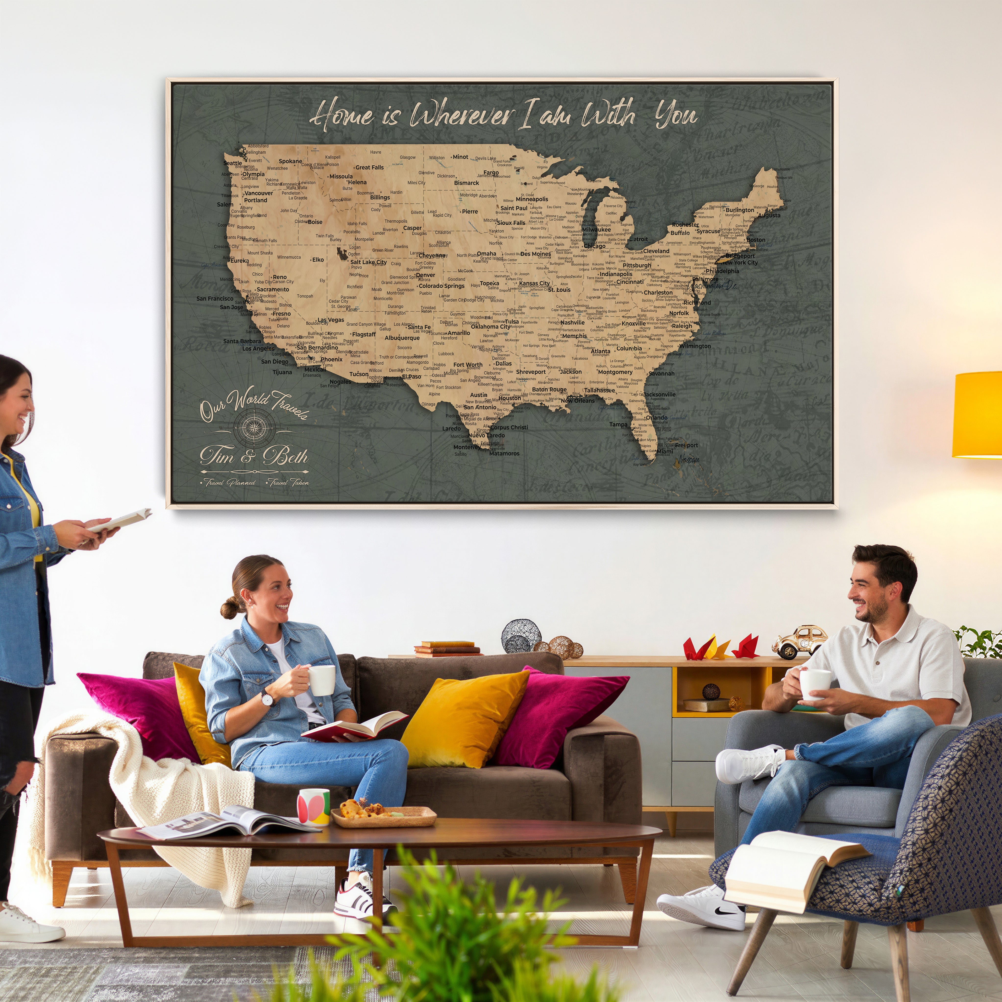 41270900-MGV-CV-36X24 - Custom Push Pin US Map Canvas | Personalized Travel Tracker | USA Cities Map Anniversary Gift for Couples | Adventure America Map Wall Art with Pins