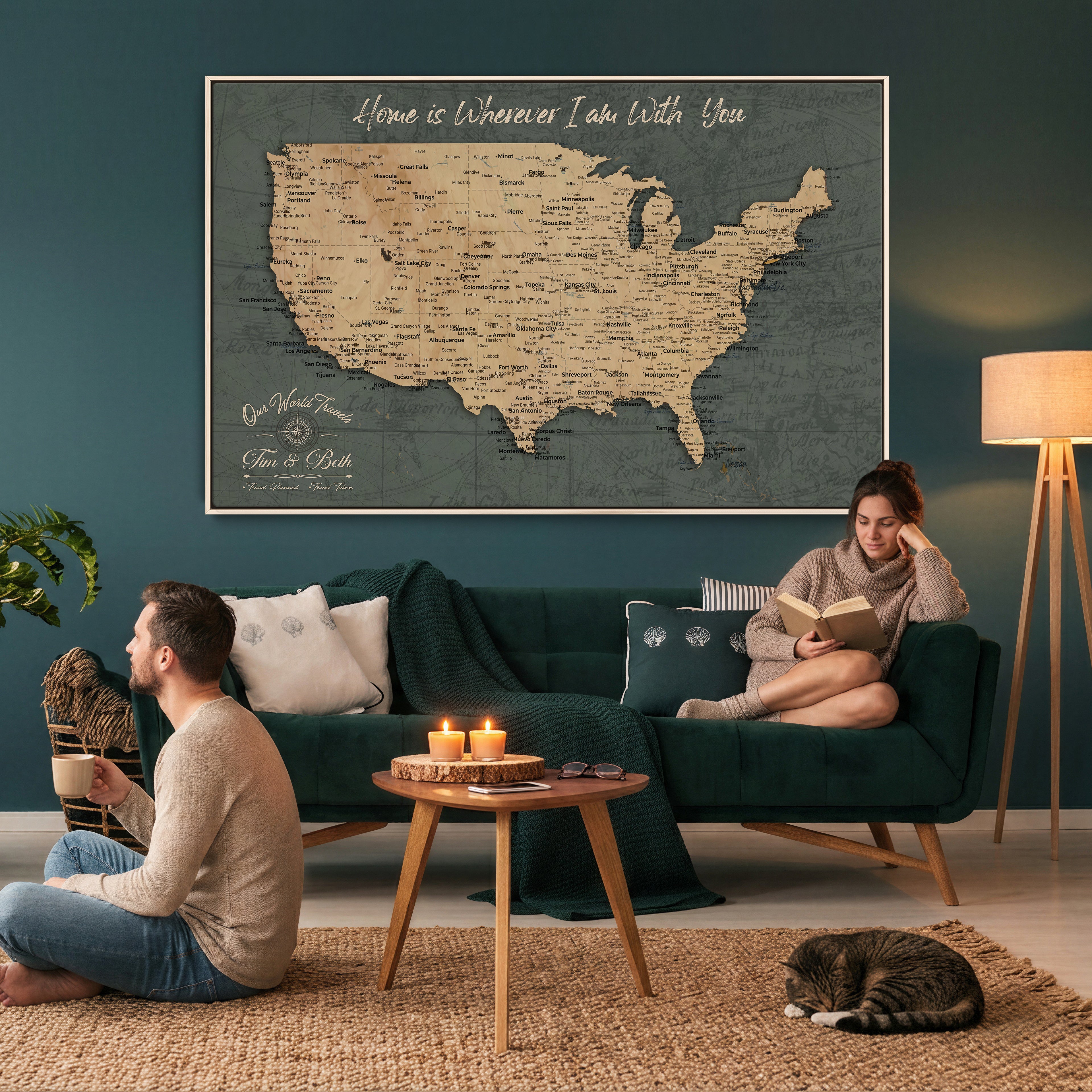 41270900-MGV-CV-36X24 - Custom Push Pin US Map Canvas | Personalized Travel Tracker | USA Cities Map Anniversary Gift for Couples | Adventure America Map Wall Art with Pins