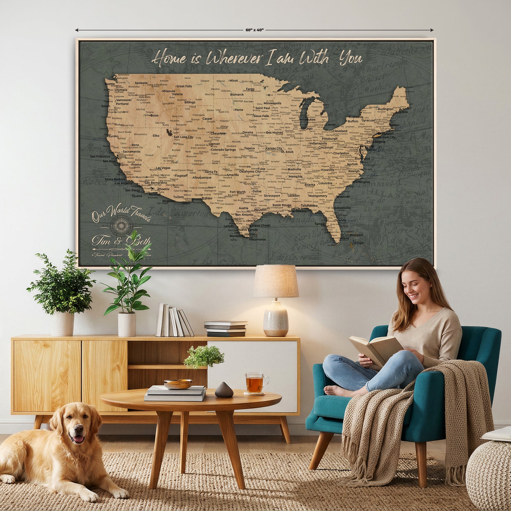 41270900-MGV-CV-36X24 - Custom Push Pin US Map Canvas | Personalized Travel Tracker | USA Cities Map Anniversary Gift for Couples | Adventure America Map Wall Art with Pins