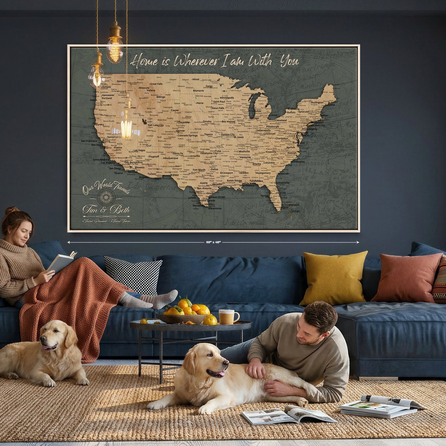41270900-MGV-CV-36X24 - Custom Push Pin US Map Canvas | Personalized Travel Tracker | USA Cities Map Anniversary Gift for Couples | Adventure America Map Wall Art with Pins